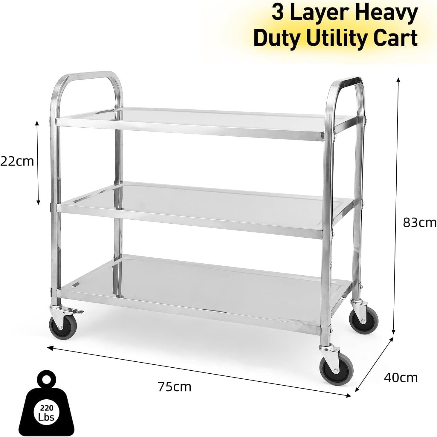 Danolapsi Kitchen Utility Cart,3 Tiers Stainless Steel Rolling Cart, Heavy Duty Trolley Service Cart with Handle and Locking Wheels,for Kitchen, Restaurant,Hospital,Laboratory and Home