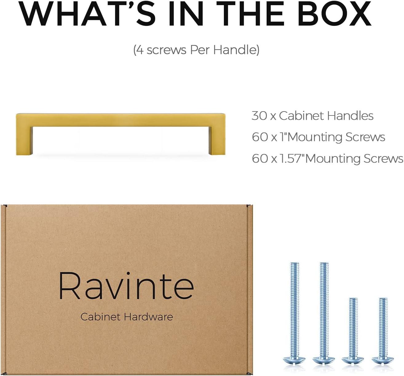 Ravinte 30 Pack 5 Inch Stainless Steel Cabinet Handles Square Cabinet Pulls Brushed Brass Cabinet Hardware Kitchen Cabinet Drawer Pulls Come with Screwdriver