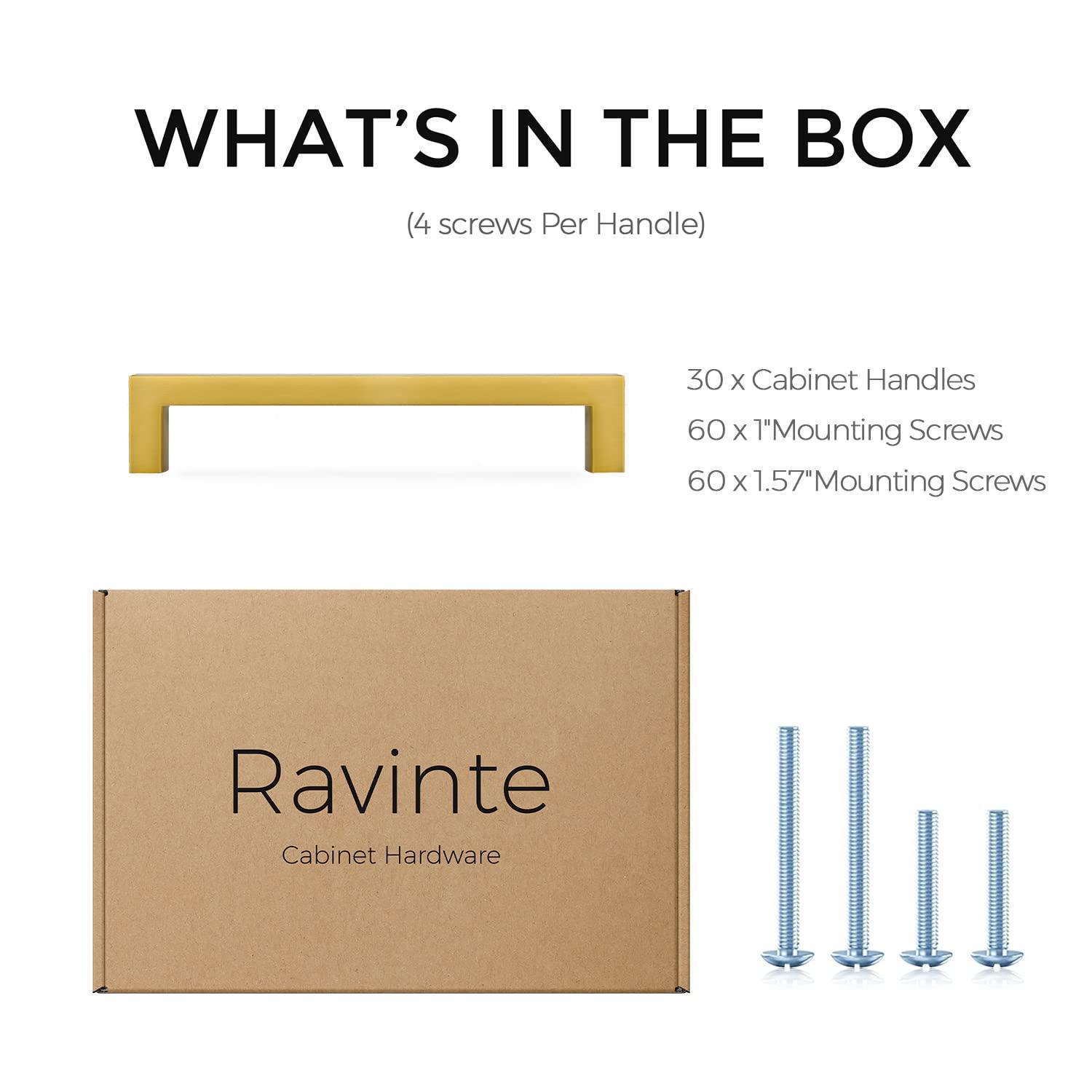 Ravinte 30 Pack 5 Inch Stainless Steel Cabinet Handles Square Cabinet Pulls Brushed Brass Cabinet Hardware Kitchen Cabinet Drawer Pulls Come with Screwdriver