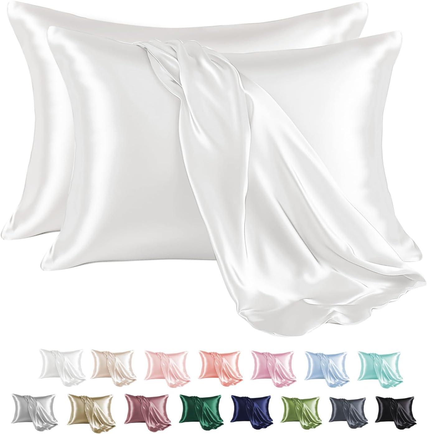 ANMINY Satin Pillowcase Set of 2 Standard Silk Bedding Pillowcases 26" x 20" Pillow Cover, White