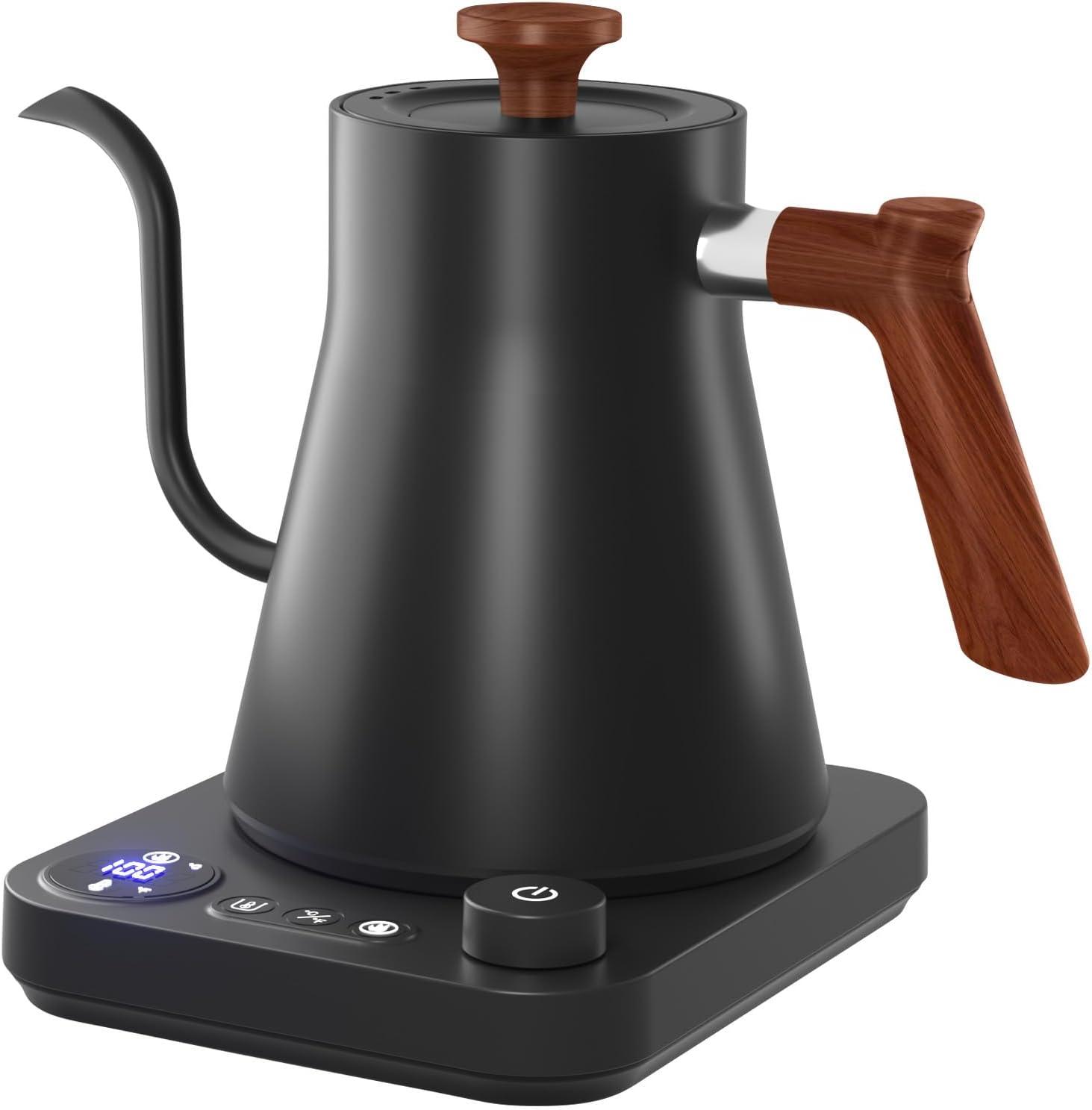 Black Stainless Steel 0.9L Electric Gooseneck Kettle with Wood Accents