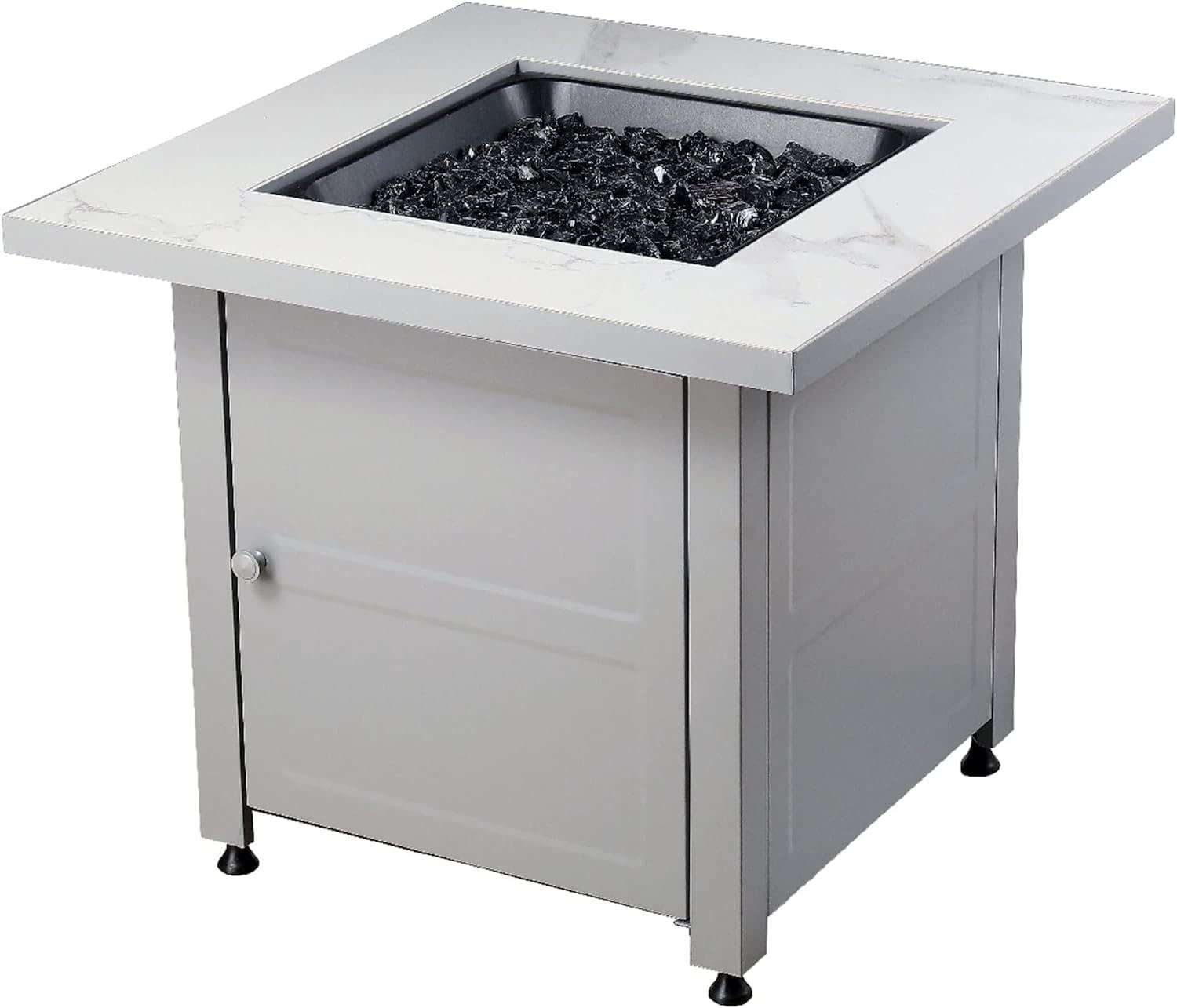 Mr. Bar-B-Q Endless Summer All Weather Outdoor Fire Pit Table with Faux Marble Finish, Black Glass