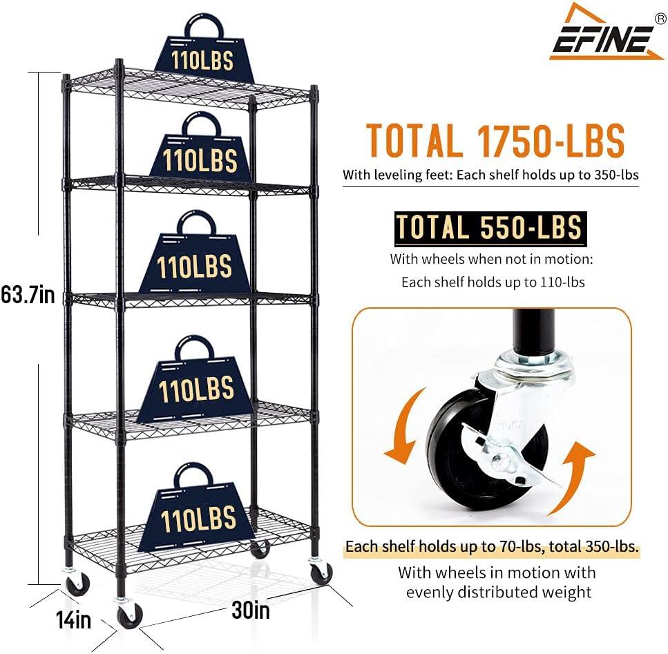 EFINE 5-Shelf Shelving Units and Storage on 3'' Wheels, Adjustable Heavy Duty Carbon Steel Wire Shelving Unit for Garage, Kitchen, Office (30L x 14W x 63.7H)