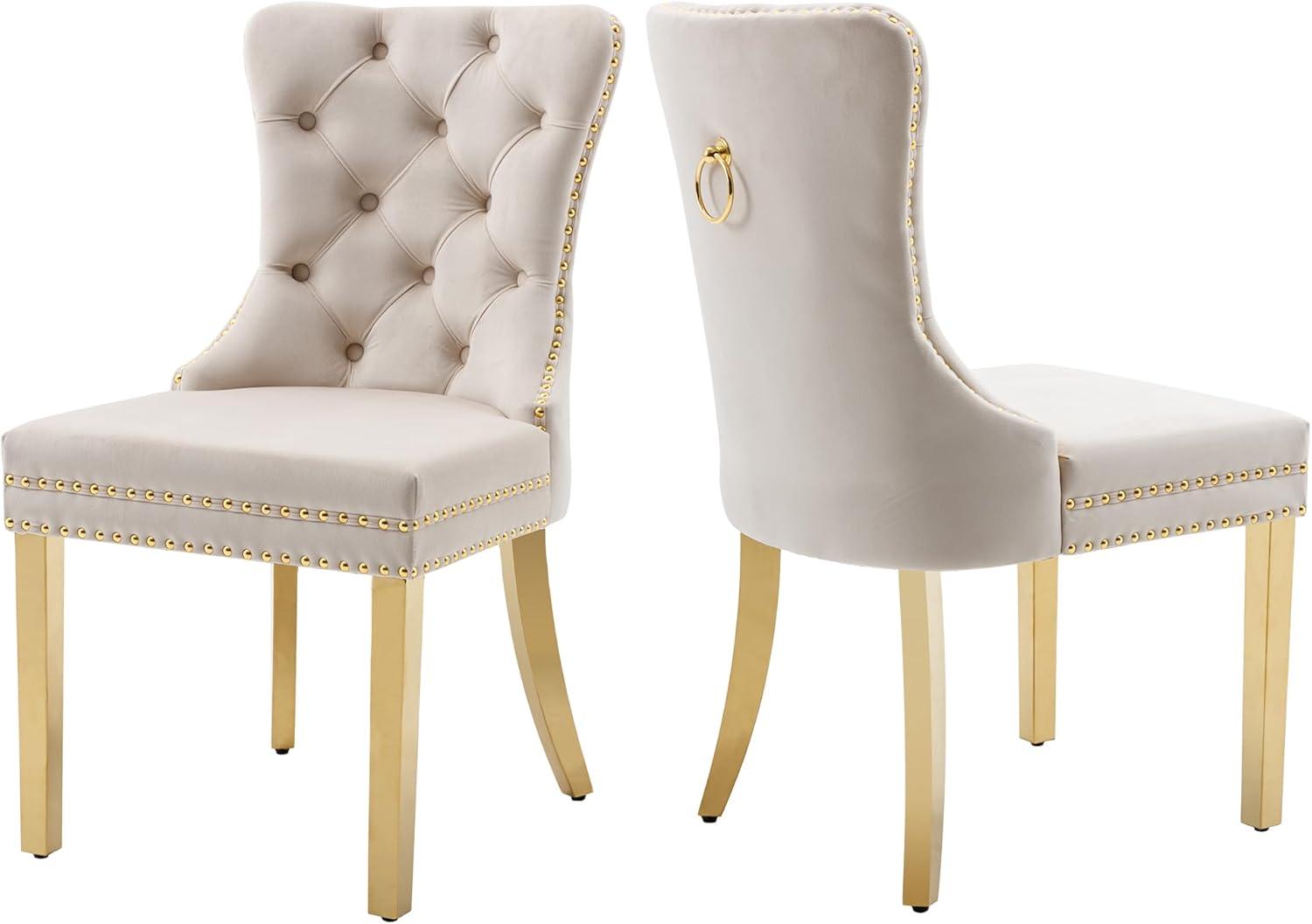 BELLEZE Upholstered Dining Chairs Set of 2, Velvet Luxury Dining Room Chairs with Button Back, Nailhead Trim, Pull-ring, Solid Wood Legs for Kitchen, Living Room, Restaurant - Chandler (Beige)