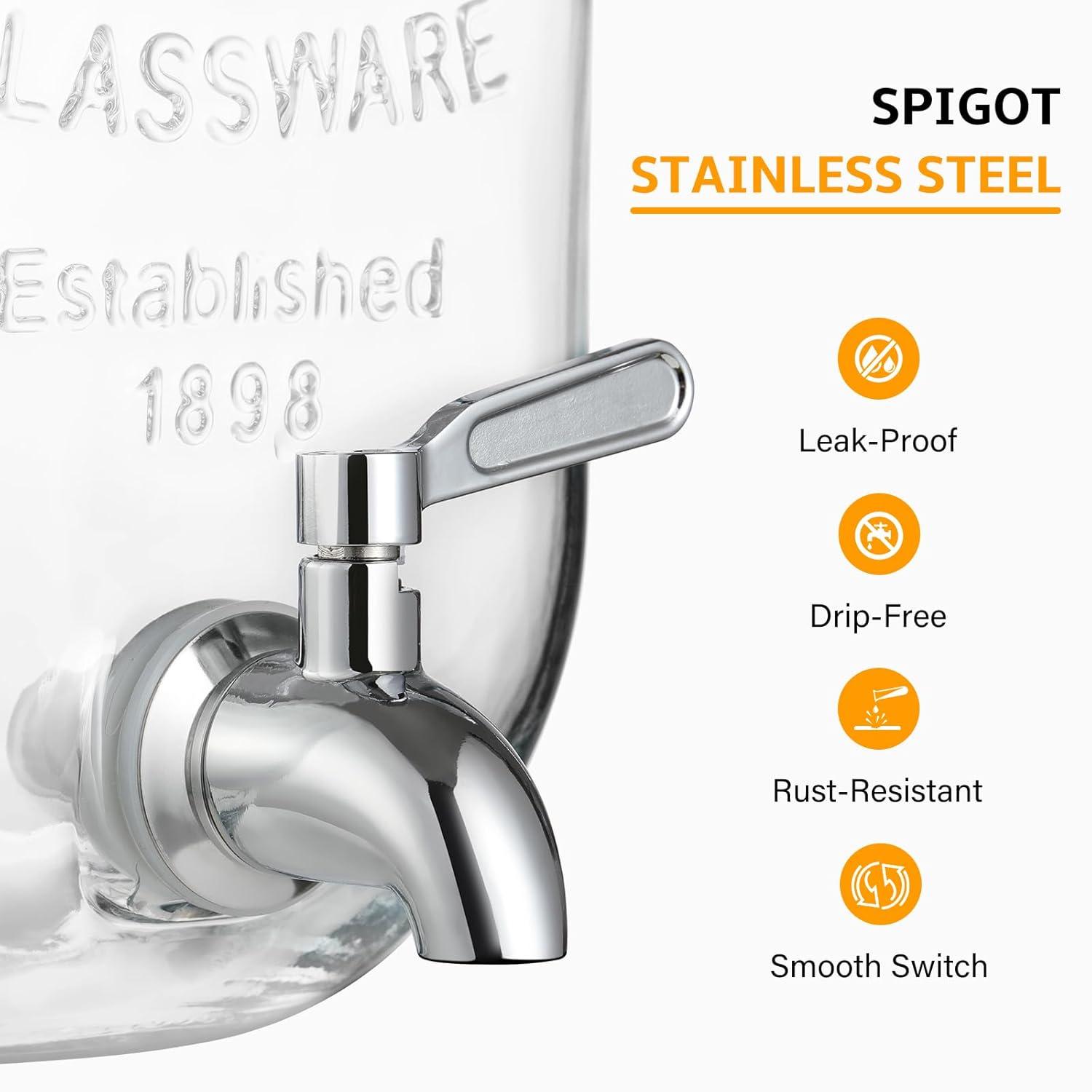 2 Gallon Glass Beverage Dispenser with Stand and Lid, 18/8 Stainless Steel Spigot - Glass Drink Dispensers for Parties - Mason Jar Drink Dispensers with Lids