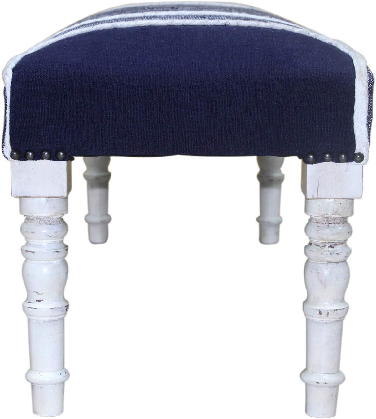 LR Home Farmhouse Cotton Upholstered Indoor Accent Bench, Blue