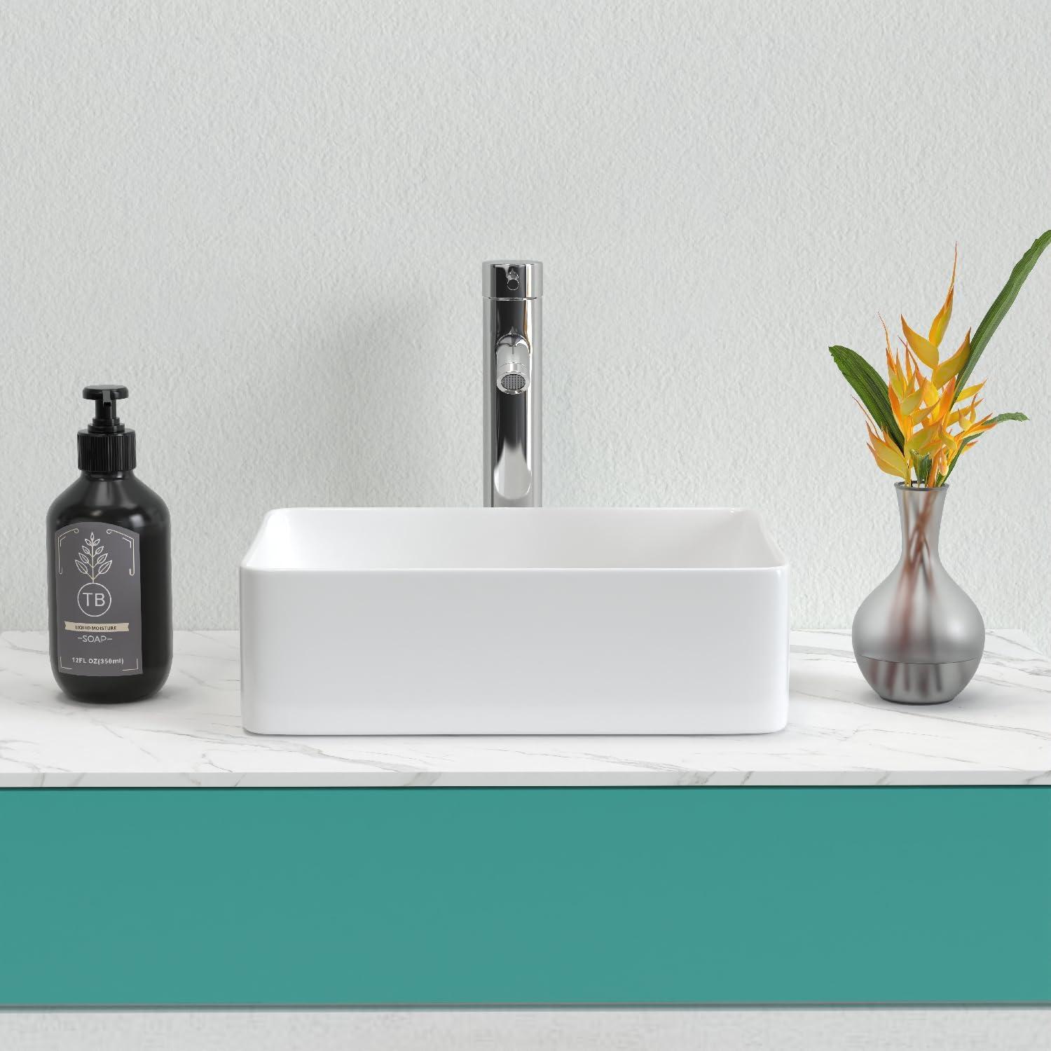 J-FAMILY 14.5'' x 10.6'' Bathroom Small Vessel Sink Above Counter White Porcelain Ceramic Sink Bowl Vanity Sink Lavatory Rectangular Wash Hand Basin