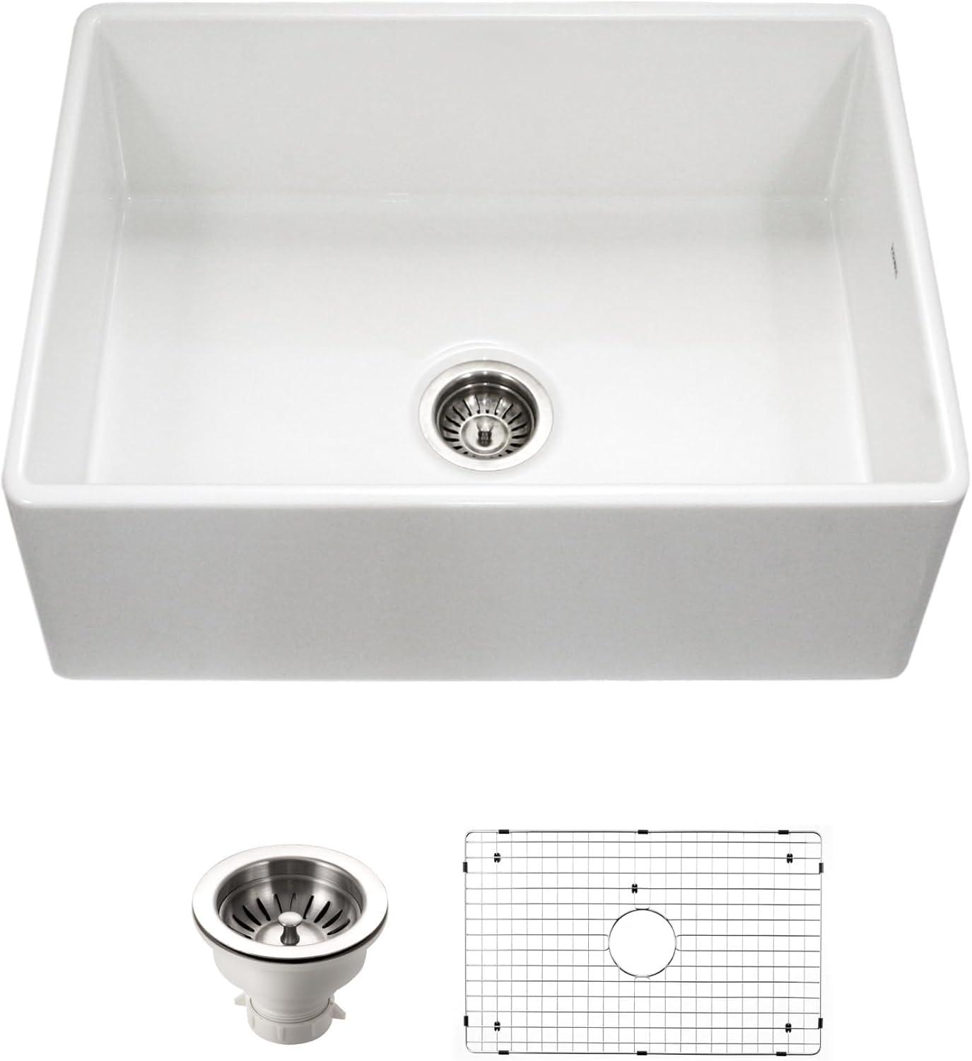 Houzer 30x20 inFireclay Apron Front Single Bowl Kitchen Sink w/ Strainer,Grid-PTS-4100 WH-C