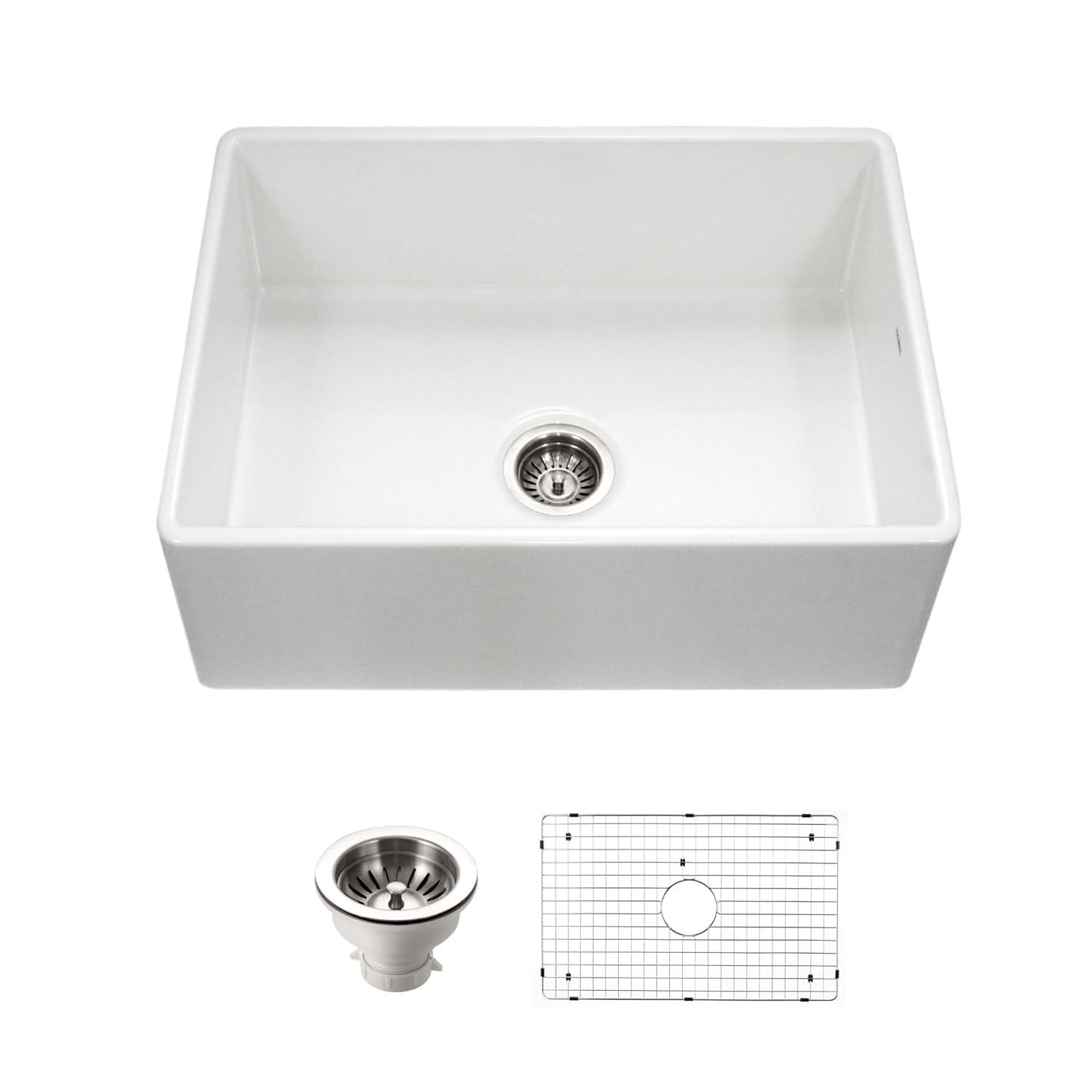Houzer 30x20 inFireclay Apron Front Single Bowl Kitchen Sink w/ Strainer,Grid-PTS-4100 WH-C