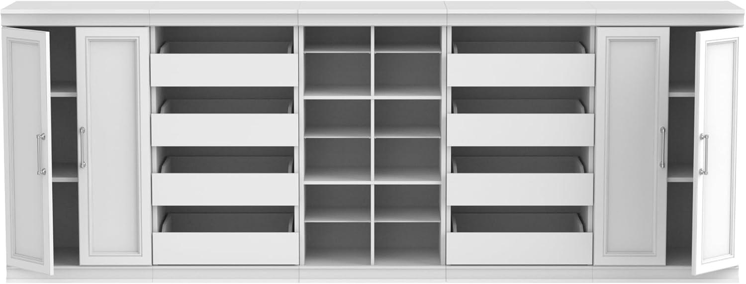 White Modular Storage System with Drawers and Shelves, 107" Wide