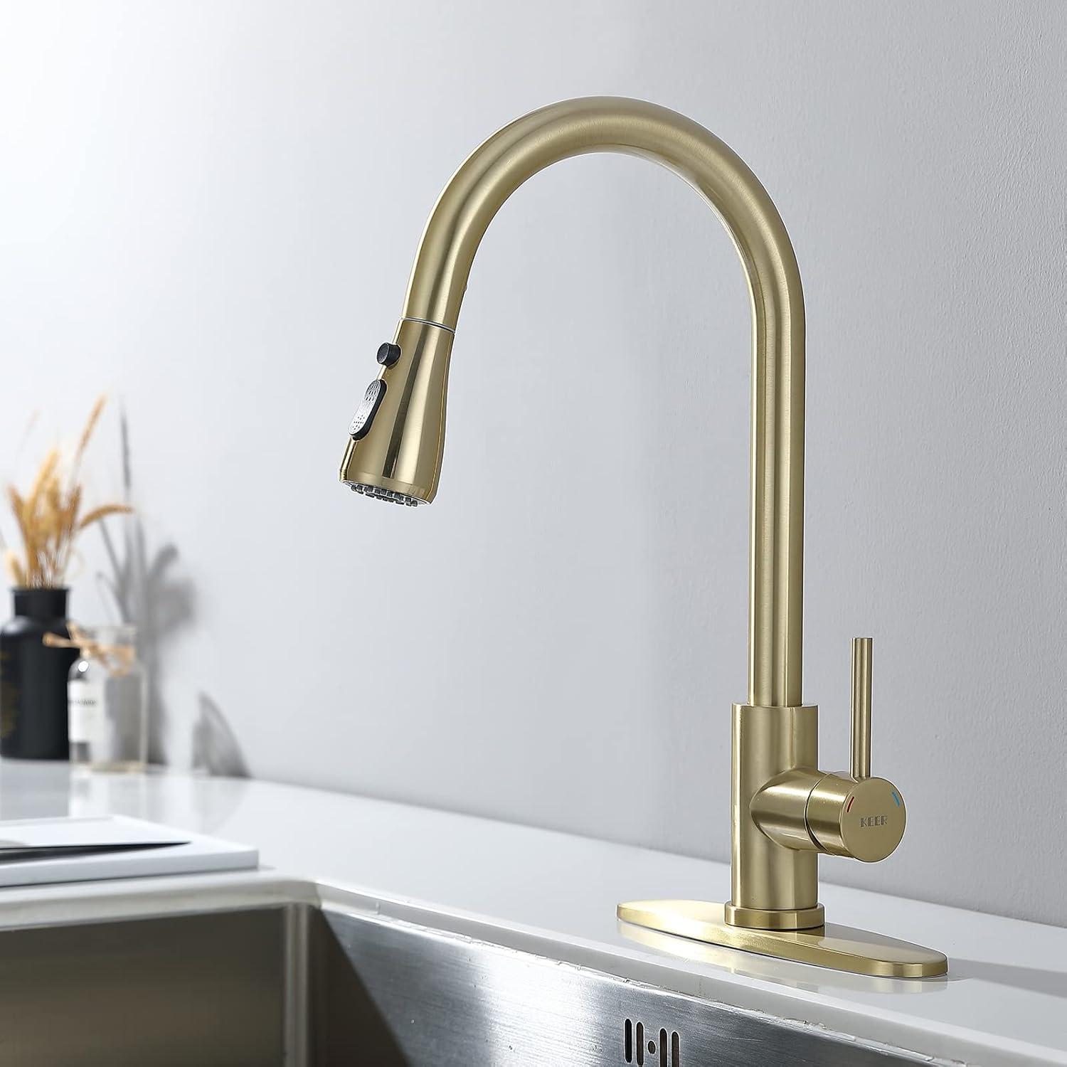 Brushed Gold Stainless Steel Pull Down Kitchen Faucet with Soap Dispenser