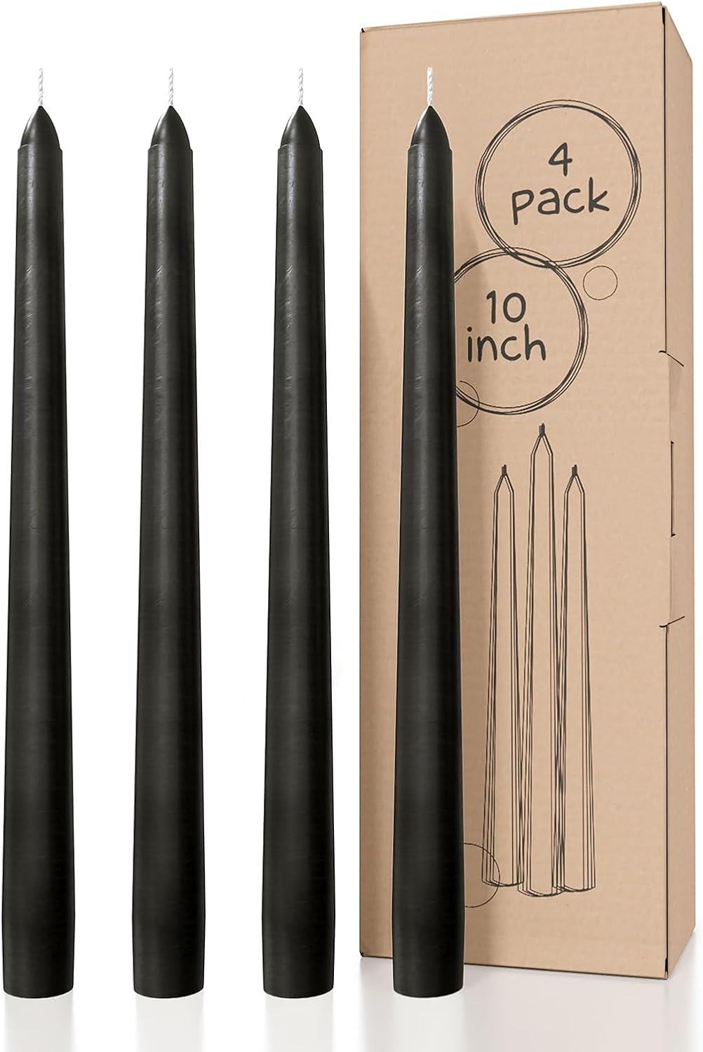 CANDWAX 10 inch Taper Candles Set of 4 - Halloween Taper Candles Unscented - Tall Candles Long Burning Perfect as Black Halloween Decorations or Dinner Candles - Coal Black Candles