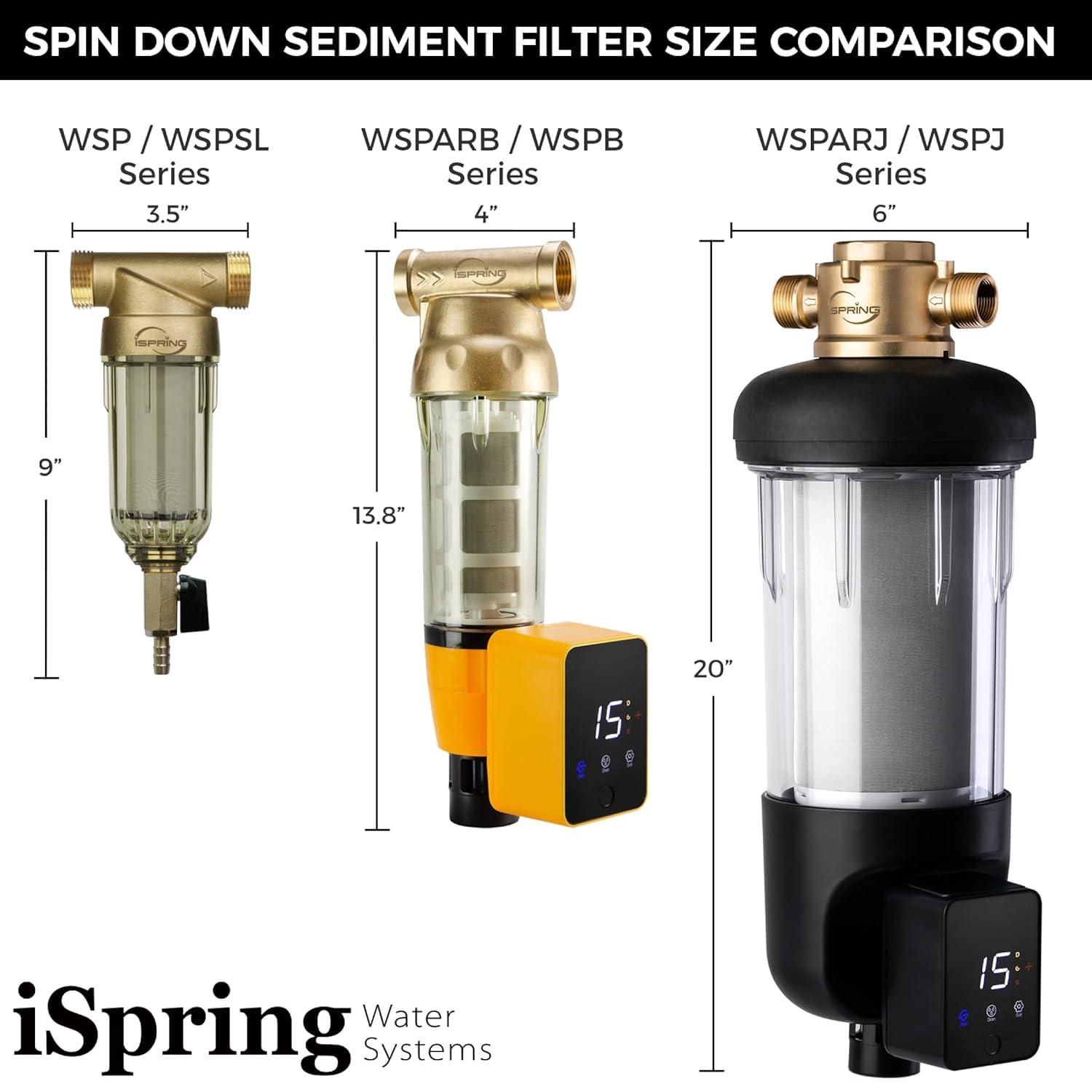 iSpring WSPARJ, NSF Certified, Spin-Down Sediment Water Filter, Upgraded Jumbo Size, Large Capacity, Reusable with Touch-Screen Auto Flushing Module, Brass Top Clear Housing, 50 Microns