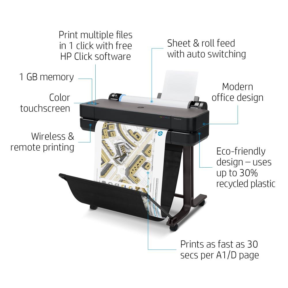 HP Designjet T630 A0 Inkjet Large Format Printer - Includes Printer - 24" Print Width - Color - 30 Second Color Speed - 2400 x 1200 dpi - 1 GB - USB - Ethernet - Wireless LAN - Wi-Fi Direct
