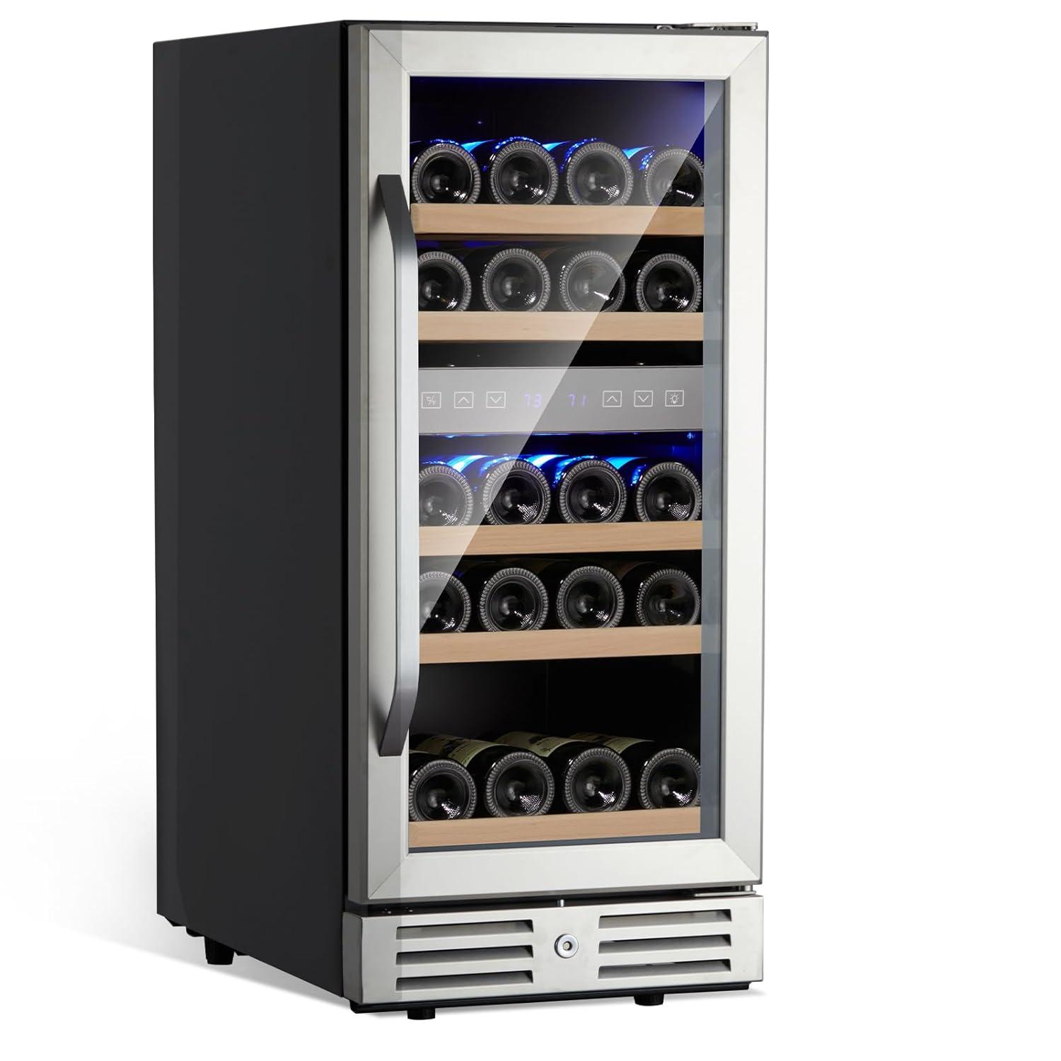 15 Inch Wine Cooler Under Counter, 29 Bottle Dual Zone Wine Fridge Wine Refrigerator with Stainless Steel Digital Temperature Control, Temperature Memory, Built-in or Freestanding Wine Cellar