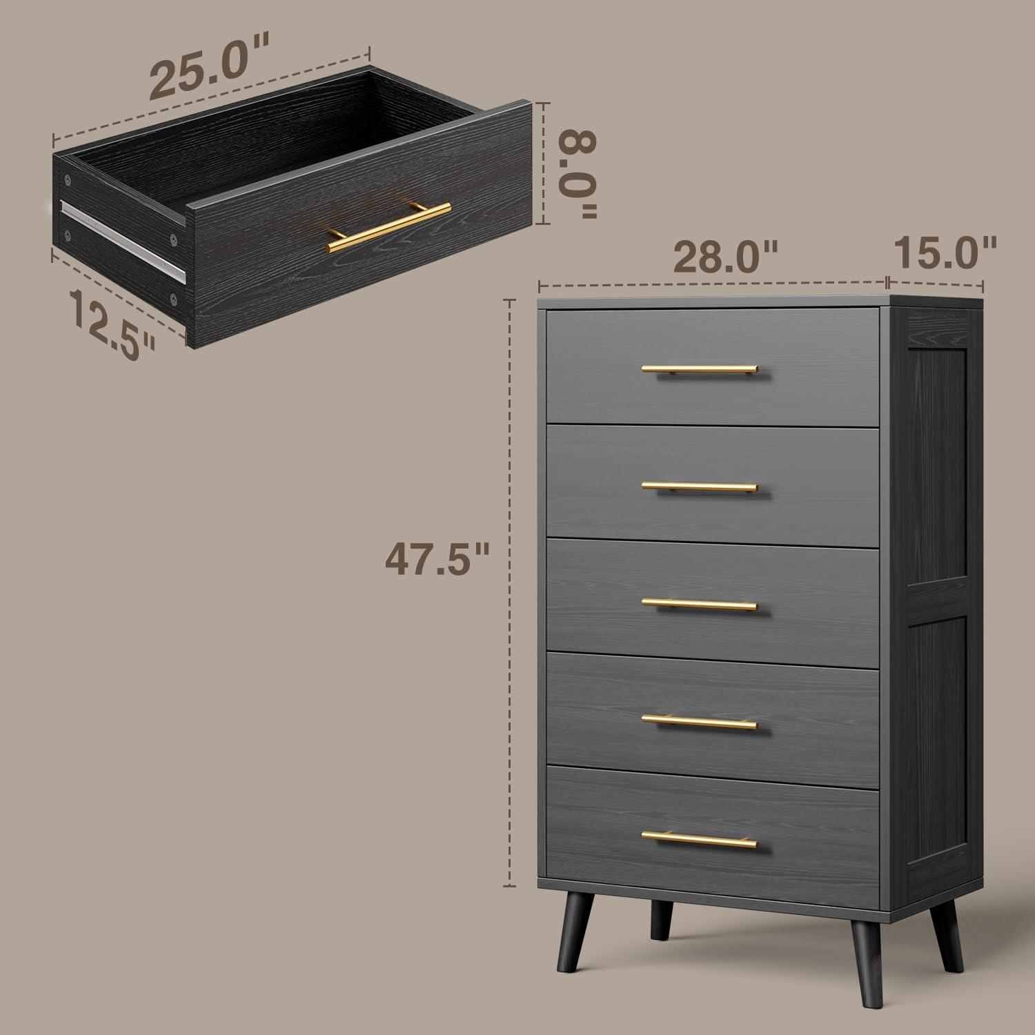 Black Tall 5-Drawer Wood Dresser with Gold Handles