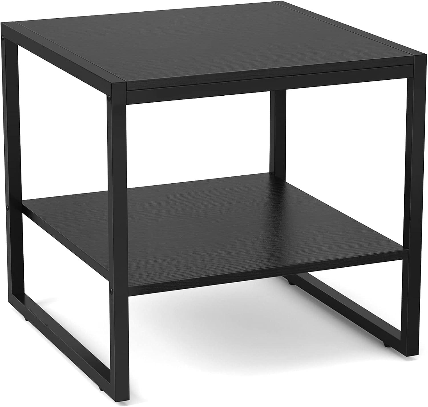 Black Wood and Metal Square End Table with Storage Shelf