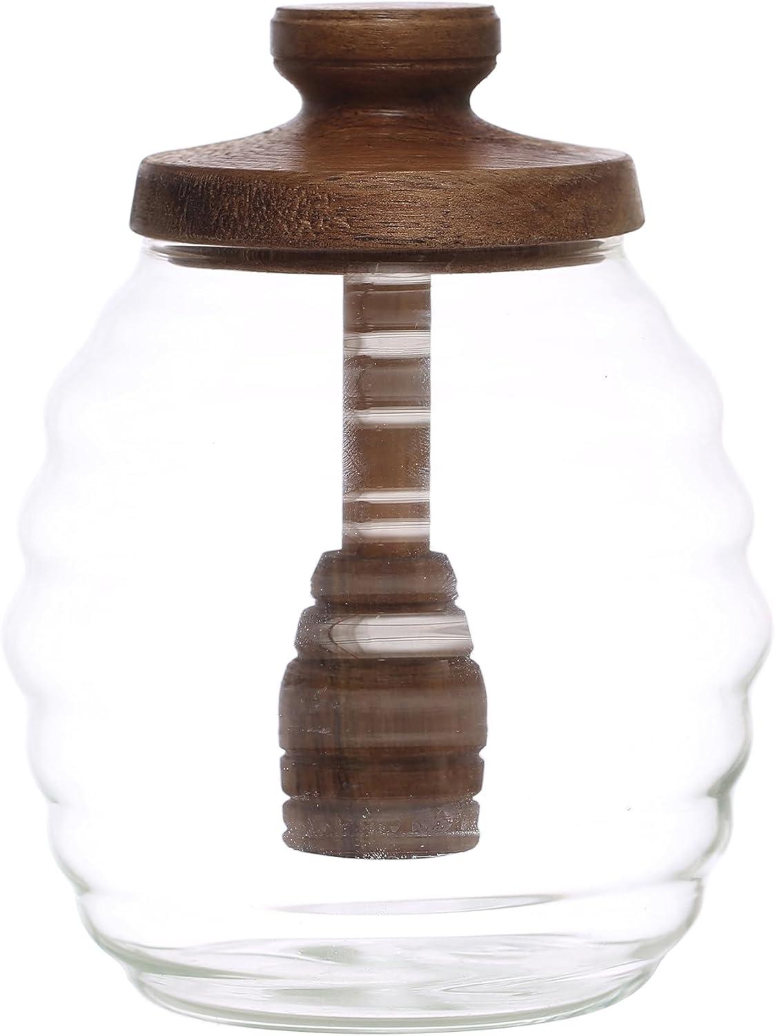 Clear Glass Honey Jar with Acacia Wood Lid and Dipper