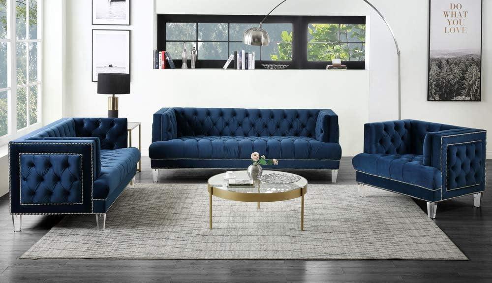 41" Ansario Chair Blue Velvet - Acme Furniture: Acrylic Legs, Nail-Head Trim, Tufted Square Back