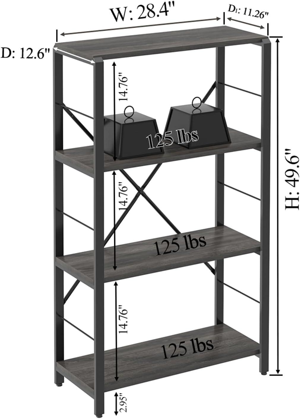 FOLUBAN Industrial Bookshelf and Bookcase, 4 Tier Open Display Storage Book Shelf and Book Case, Rustic Wood and Metal Shelving Unit for Bedroom Living Room Office, Dark Gray