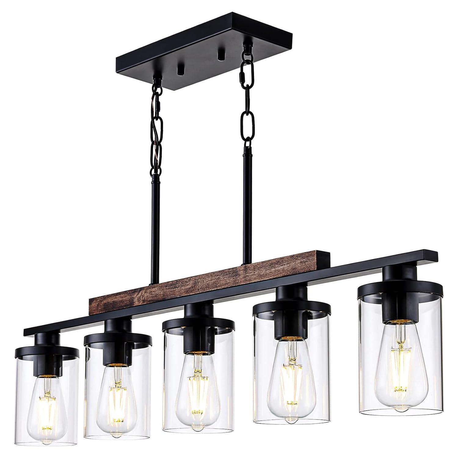 Black Farmhouse Chandelier, 5-Light Island Lights for Kitchen in Metal Finish with Clear Glass Shades, 37" Dining Room Chandelier, Linear Pendant Lighting for Foyer, Bar, Pool Table