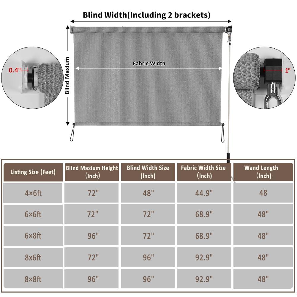 SMONTER Outdoor Sunshade Roller Shade 6'W x 6'H (72" Wx72 H), Exterior Cordless Roll Up Shades Blinds, UV Protection Shade Cloth with Crank Operation for Outside Windows Patio Porch Gazebo, Walnut