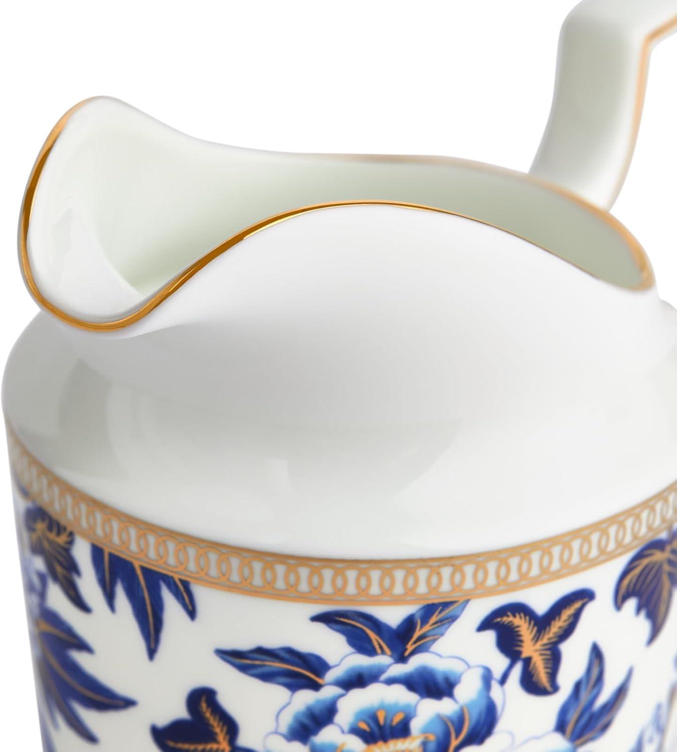 Blue Floral Bone China Creamer with Gold Accents