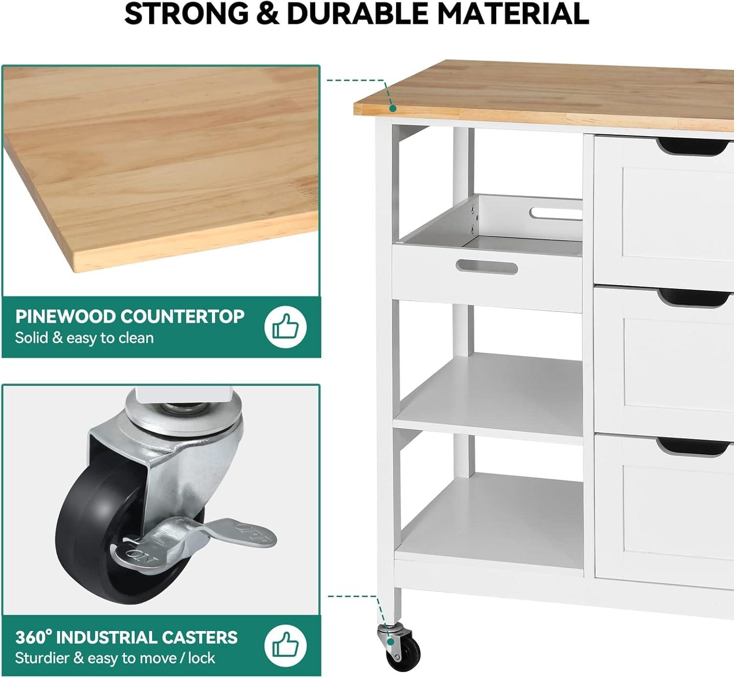 Small Solid Wood Top Kitchen Island Cart on Wheels with Storage, Rolling Portable Dining Room Serving Utility Carts Mobile Movable with 3 Drawers Cabinet, Oak & White