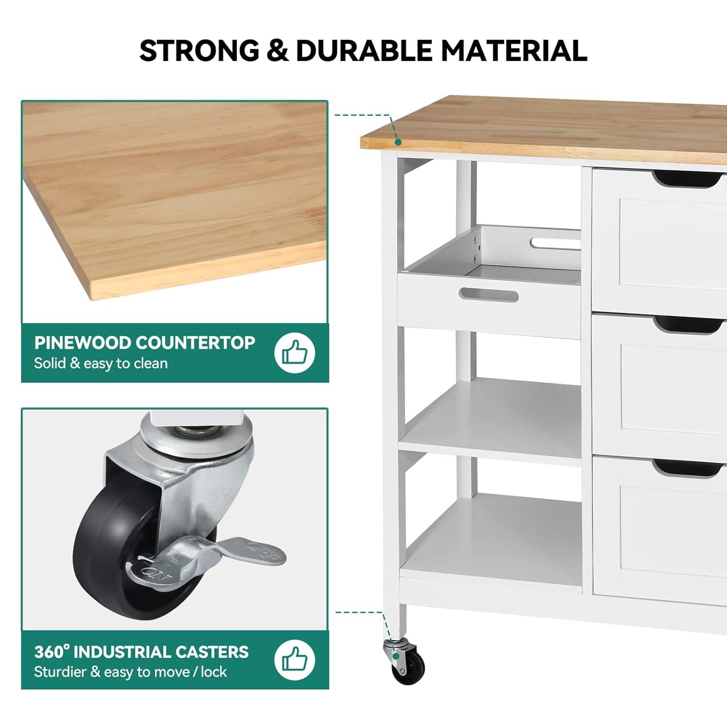 Small Solid Wood Top Kitchen Island Cart on Wheels with Storage, Rolling Portable Dining Room Serving Utility Carts Mobile Movable with 3 Drawers Cabinet, Oak & White
