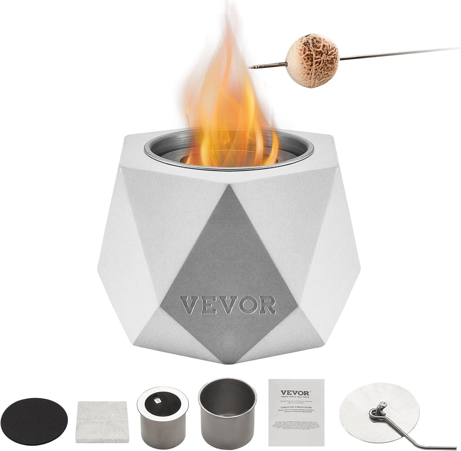 VEVOR Tabletop Fire Pit Bowl, Concrete Tabletop Fireplace Indoor Outdoor Decor, Portable Rubbing Alcohol Burner Smores Maker, Mini Fire Pit for Patio Balcony with Extinguisher Light Gray