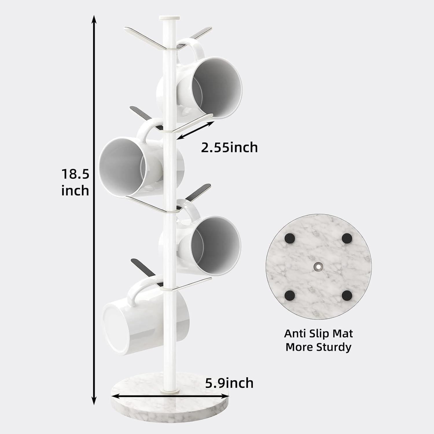 White Marble Base Stainless Steel Mug Holder Tree with 8 Hooks