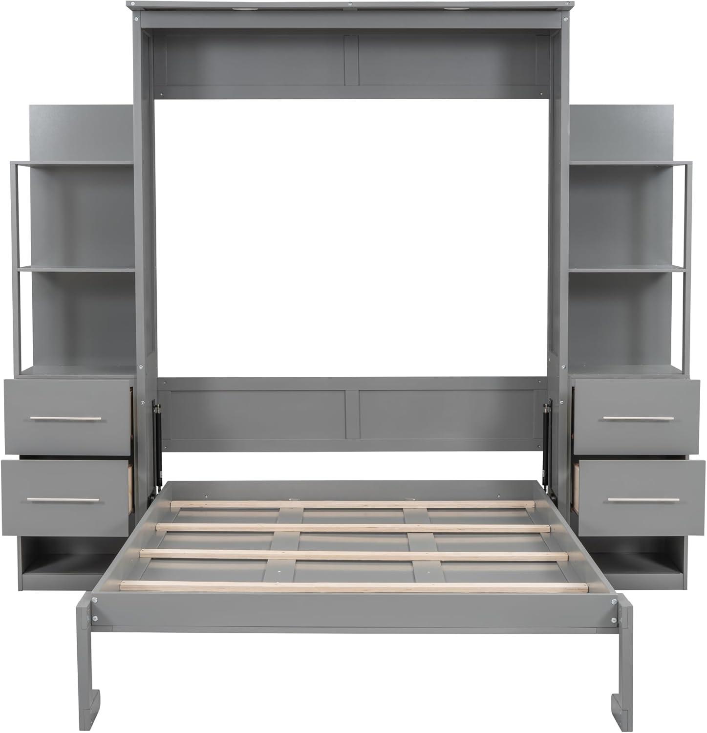 Gray Full Murphy Bed with Storage Shelves and Drawers