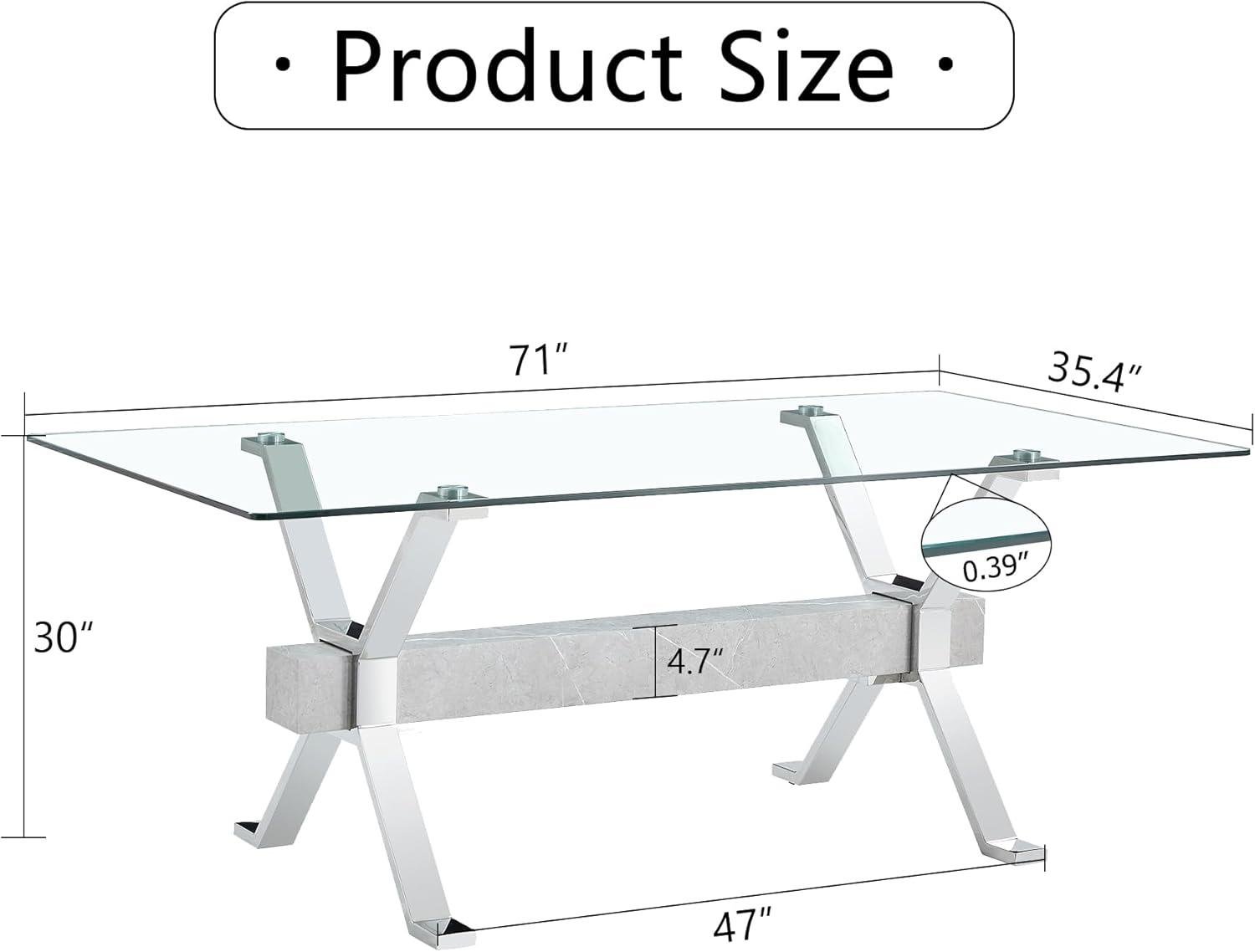 Dining table. Modern tempered glass dining table. Large modern office desk with silver plated metal legs and MDF crossbars, suitable for both home and office use. Kitchen. 79"x 39"x 30"