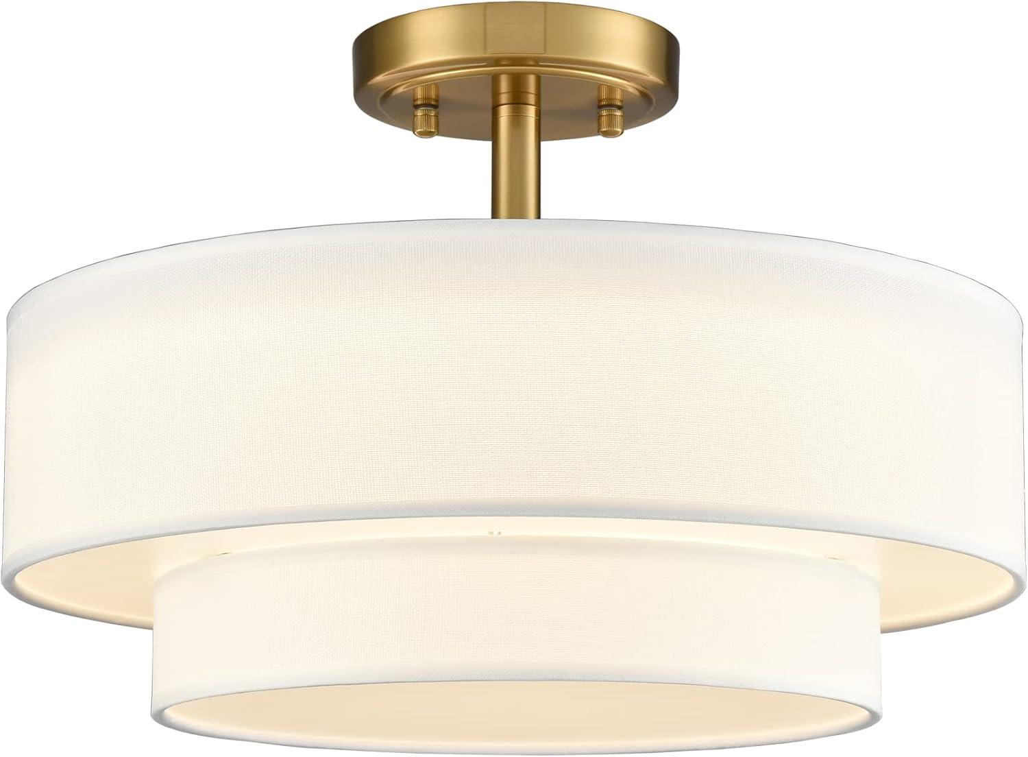 Claxy 15" Gold Semi Flush Mount LED Ceiling Light with Dual-Layer Drum Linen Shade