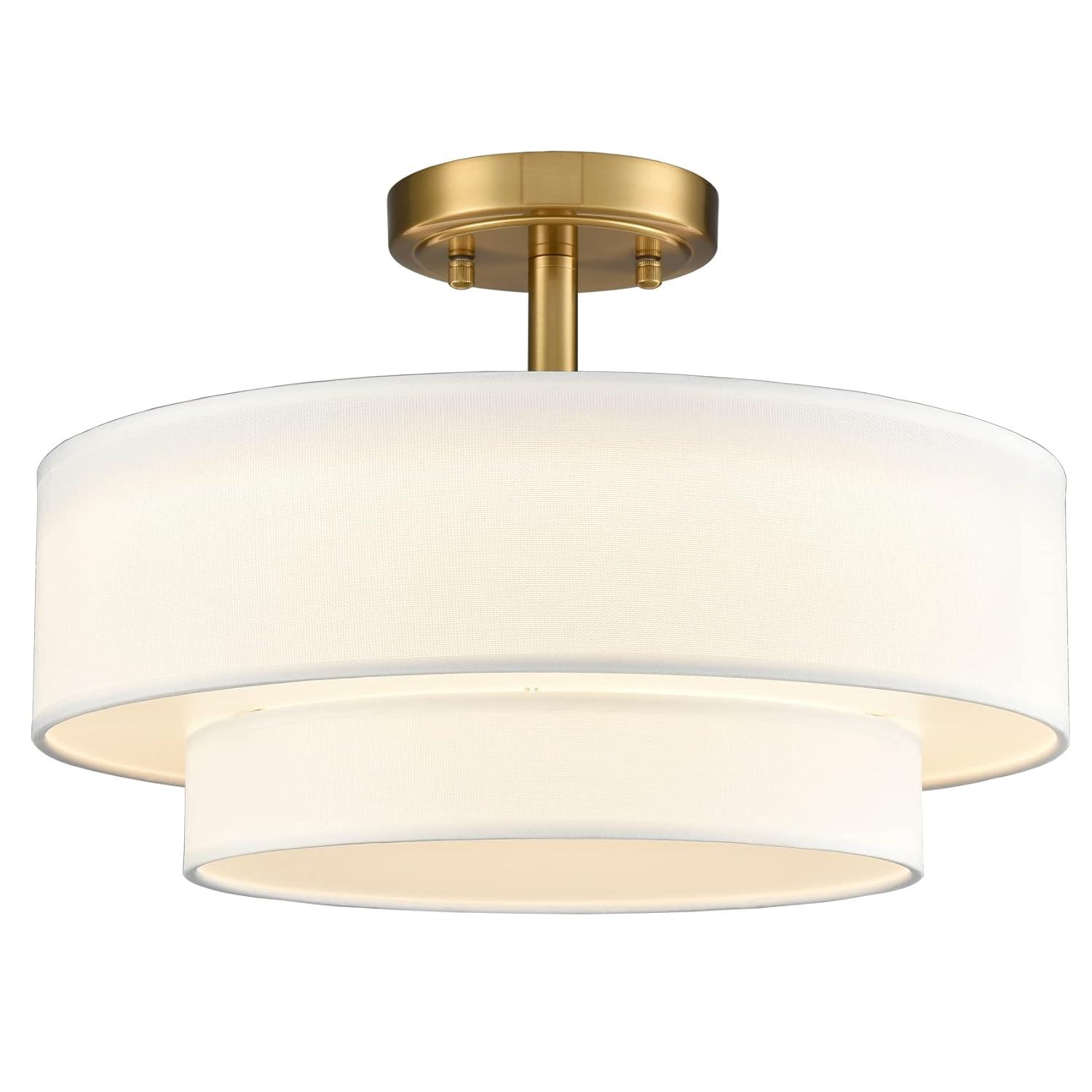 Claxy 15" Gold Semi Flush Mount LED Ceiling Light with Dual-Layer Drum Linen Shade
