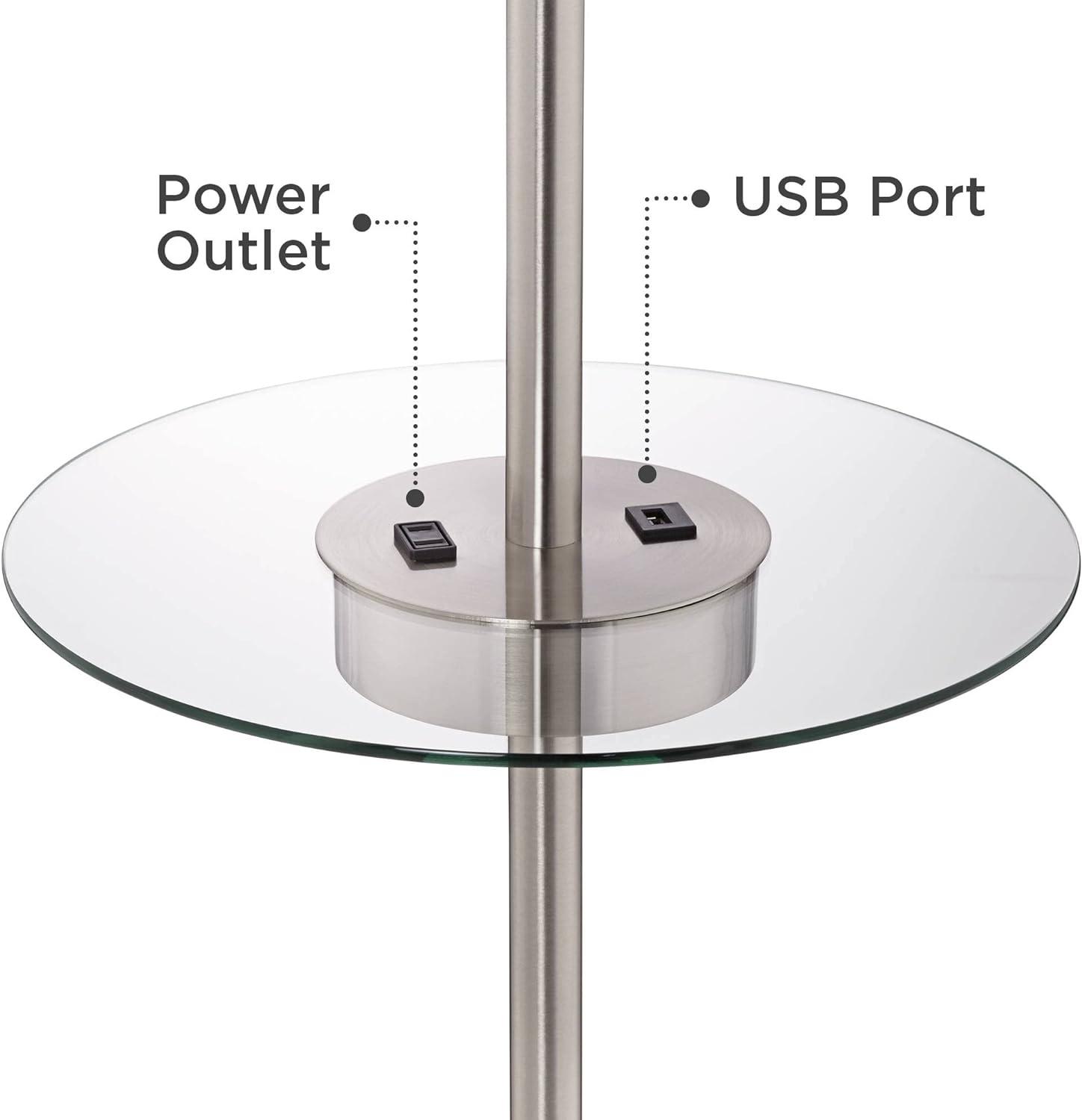 Silver Brushed Nickel Floor Lamp with Glass Tray and USB Port