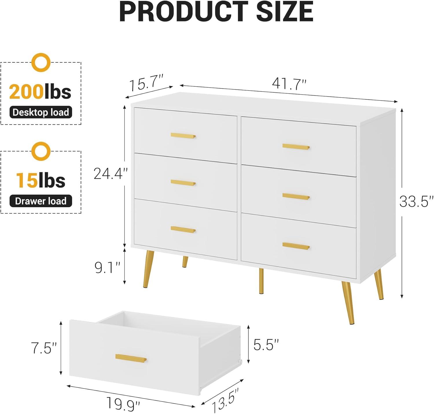Danolapsi 6 Drawer Dresser,6-Drawer Chest of Drawers for Bedroom,Wooden Dresser with Gold Handles,Chest Dresser with Deep Drawers Modern Storage Drawers for Bedroom,Living Room and Entryway