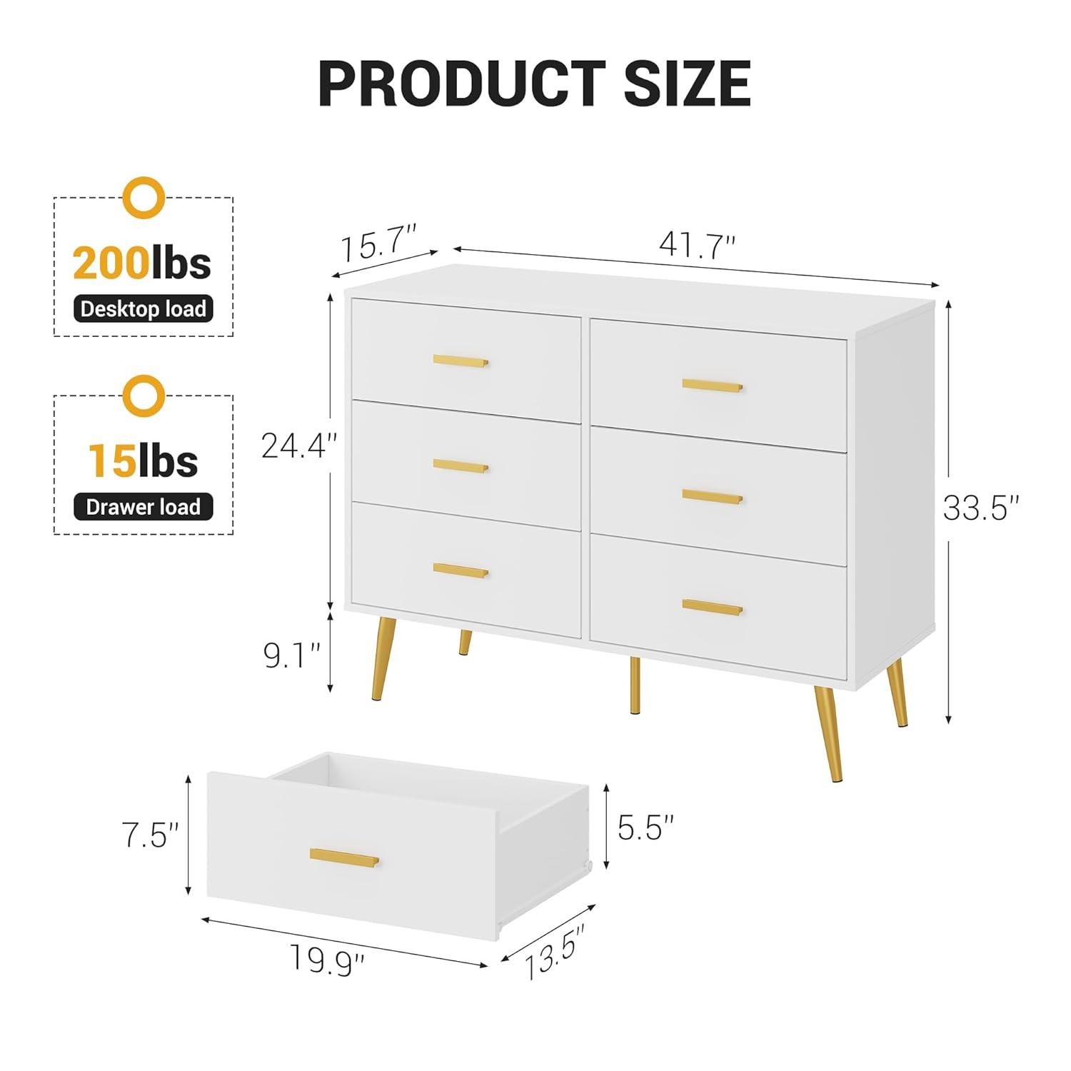 Danolapsi 6 Drawer Dresser,6-Drawer Chest of Drawers for Bedroom,Wooden Dresser with Gold Handles,Chest Dresser with Deep Drawers Modern Storage Drawers for Bedroom,Living Room and Entryway