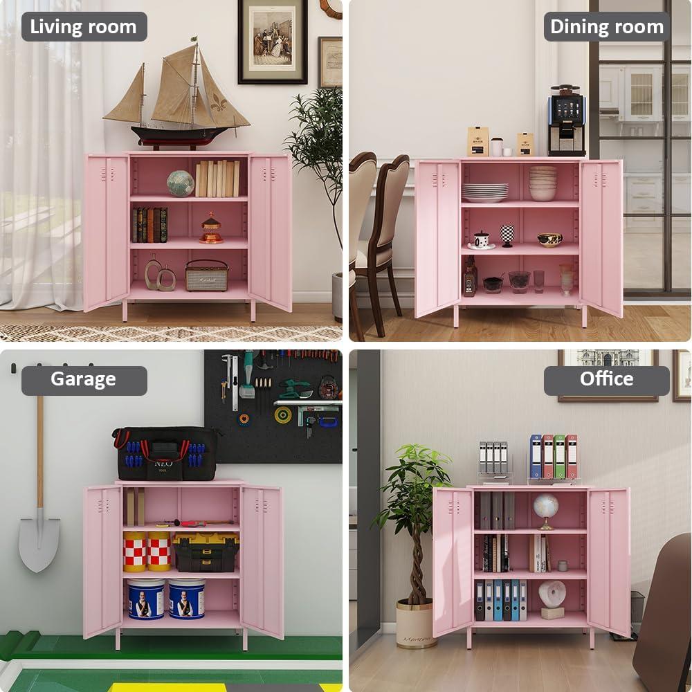 2 Door Metal Accent Storage Cabinet for Bedroom, Bedside, Office Room-Metal Locker Cabinet with 2 Adjustable Shelves (Pink)