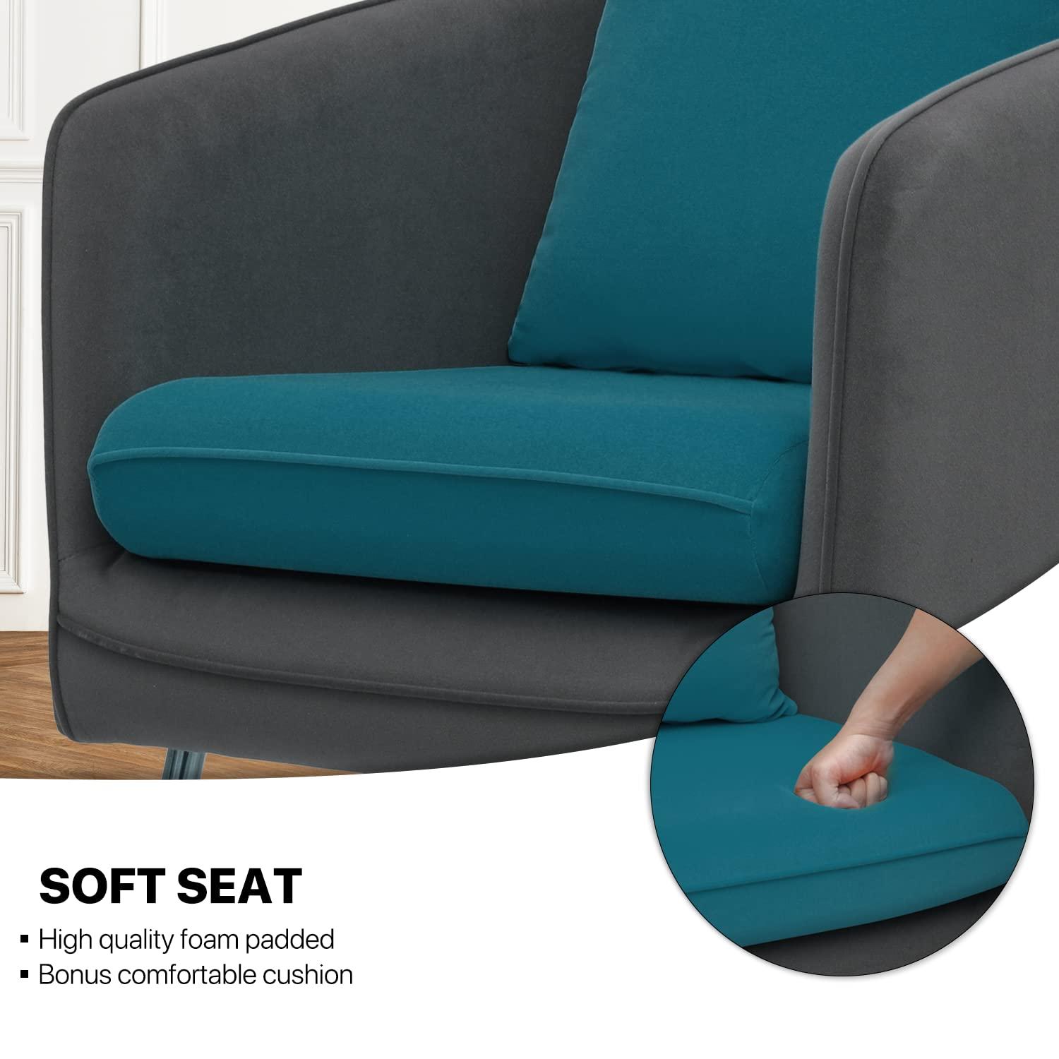 MoNiBloom Accent Barrel Chair, Modern Upholstered Club Armchair, Arm Chair for Living Room Bedroom with Cushion Pillow, Peacock Blue/Grey