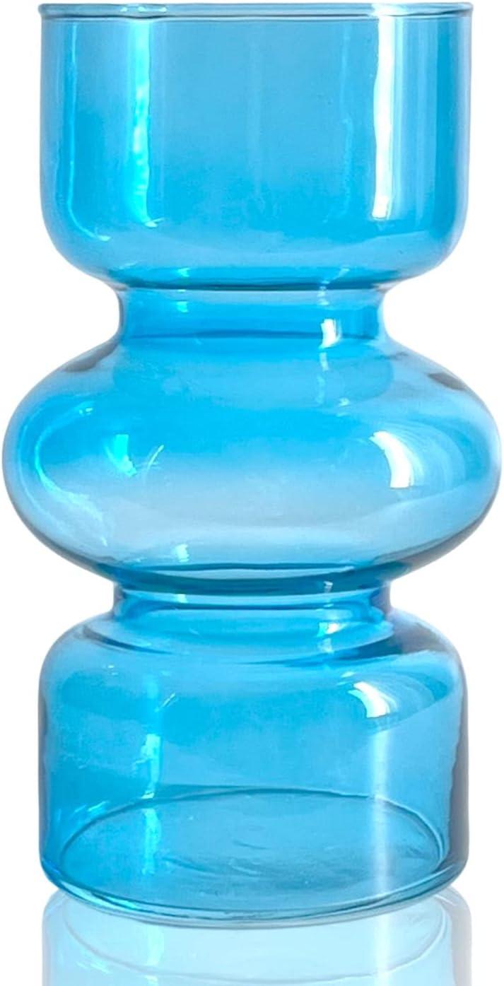 BLOFLO Blue Transparent Glass Hydroponic Vase, 7Inches Colored Glass Vase for Flower, Modern Geometric Three-Layer Floral Vases for Home Office Wedding Table Décor(Blue)