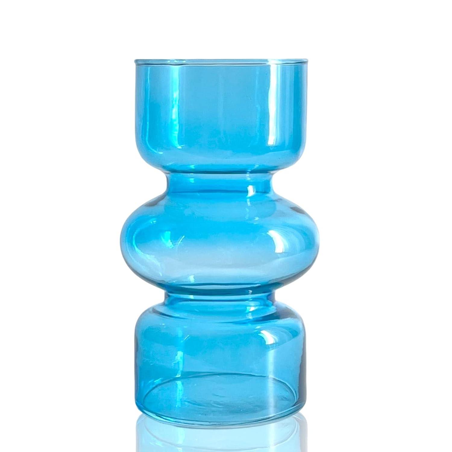 BLOFLO Blue Transparent Glass Hydroponic Vase, 7Inches Colored Glass Vase for Flower, Modern Geometric Three-Layer Floral Vases for Home Office Wedding Table Décor(Blue)