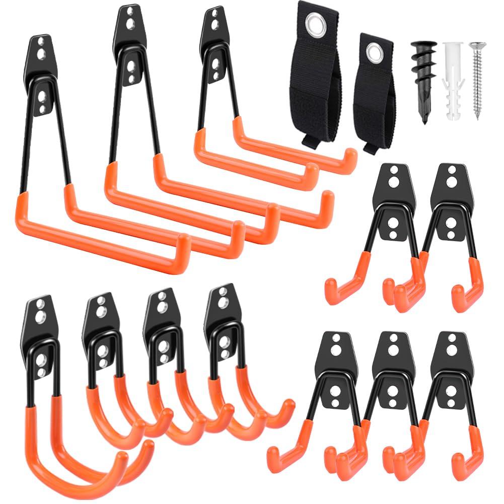 Garage Hooks Heavy Duty 14 Pack, Steel Garage Storage Hooks, Tool Hangers for Garage Wall Utility Wall Mount Garage Hooks and Hangers with Anti-slip Coating for Garden Tools, Ladders, Bulky Items