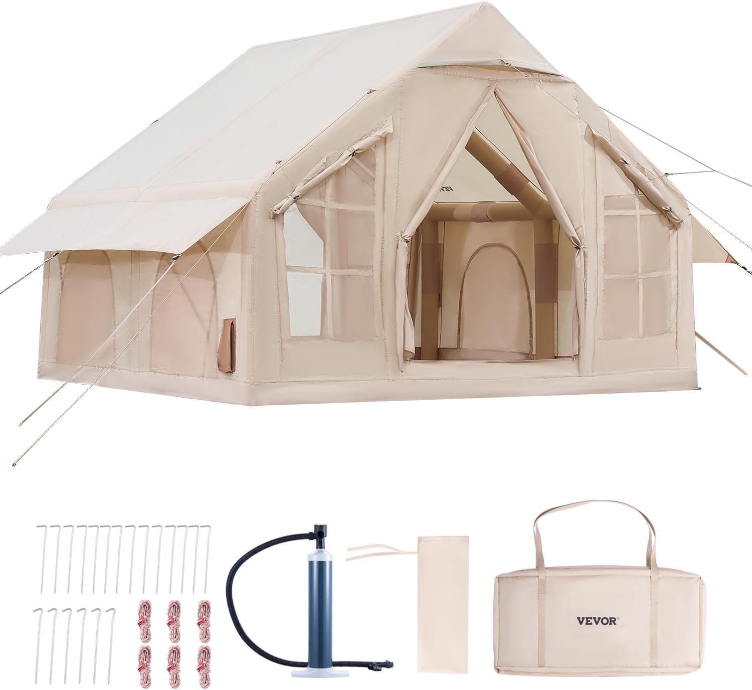 VEVOR Inflatable Tents for Camping, 4-6 Person Easy Setup Blow up Tent with Hand Pump,300D Oxford 4 Season Glamping Tent with Stove Jack 2 Doors & 4 Mesh Windows,Storage Bag Included for Easy Taking