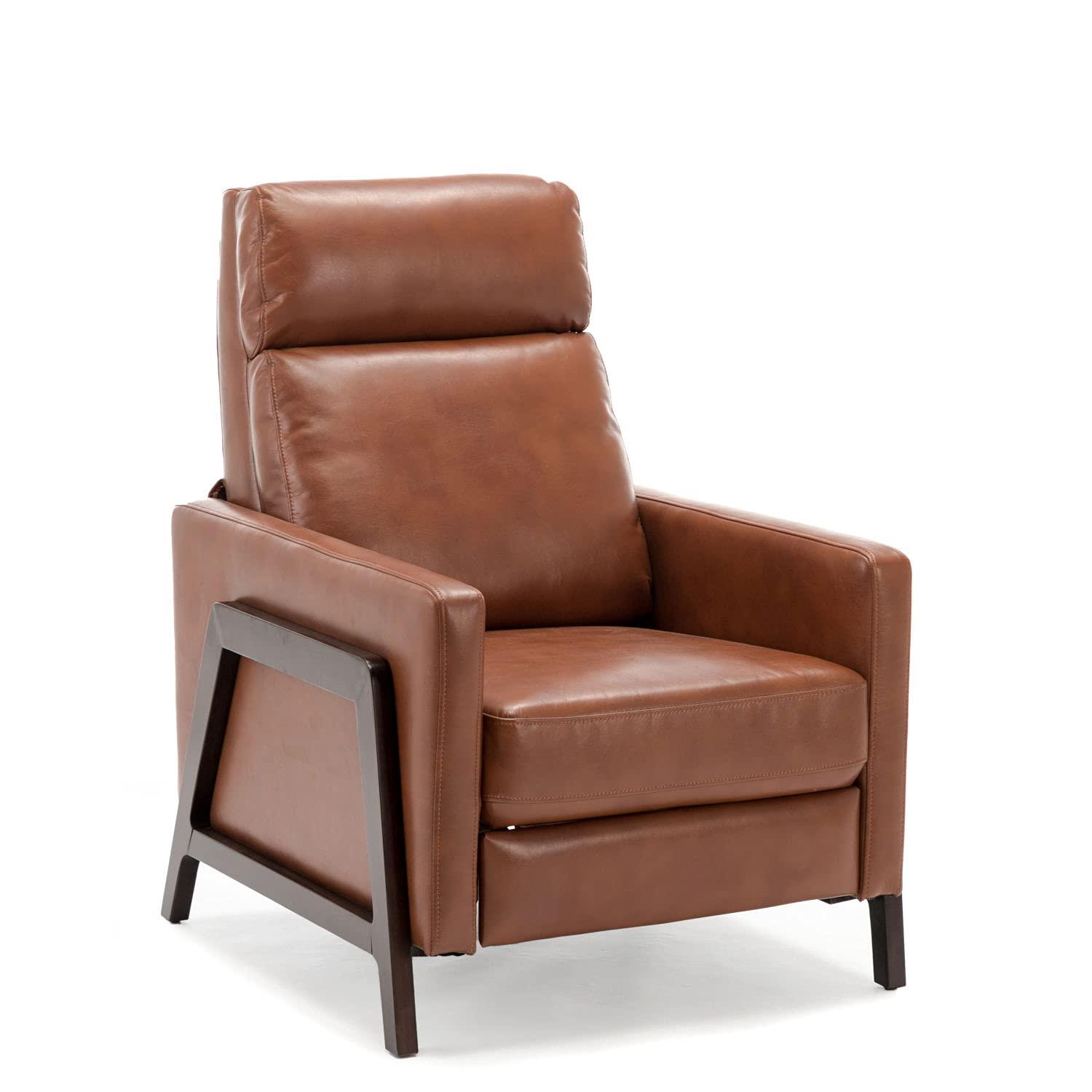 Comfort Pointe Maxton Press-Back Recliner Caramel: Mid-Century Modern, Faux Leather, High Back, Pocketed Coil Seating
