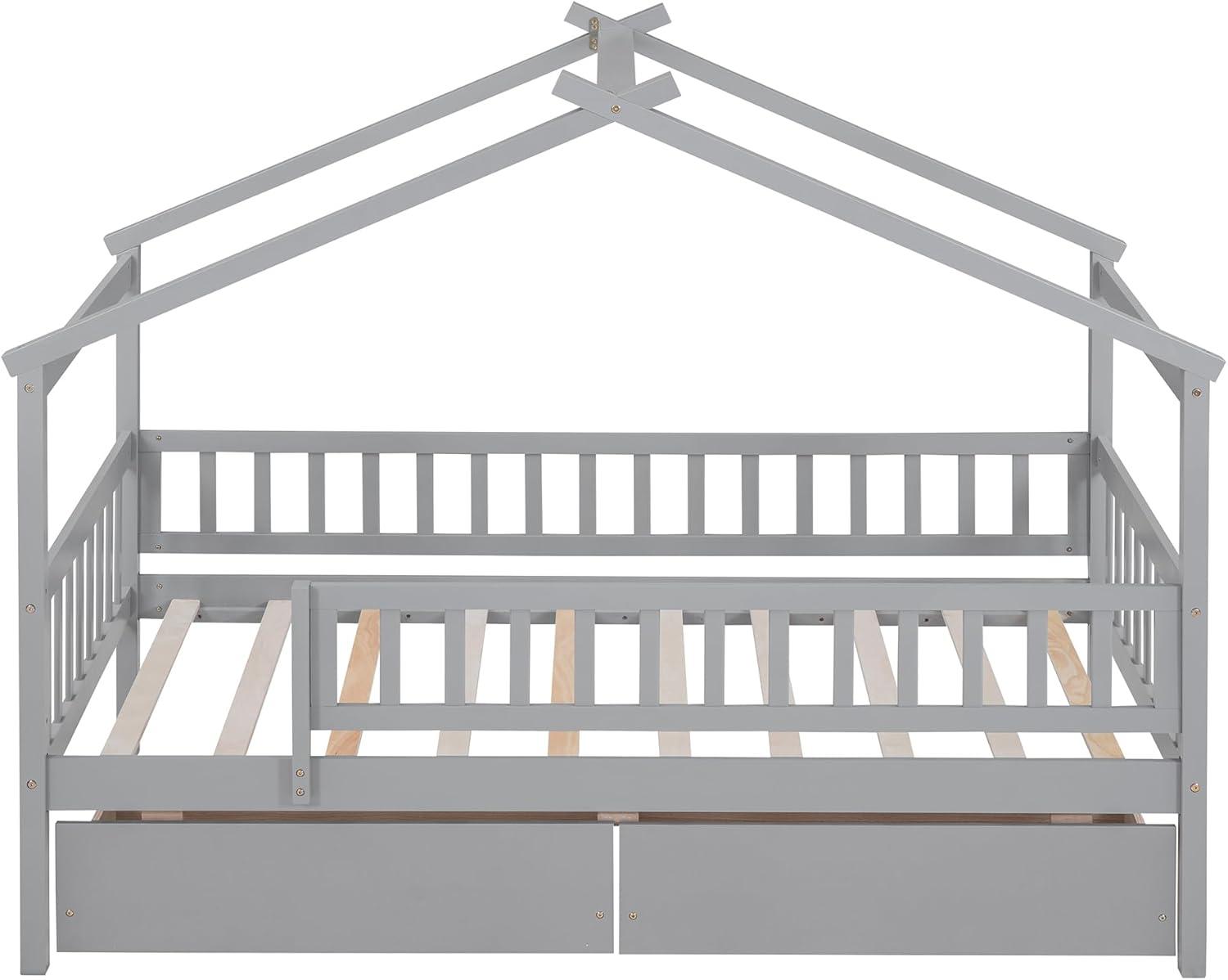 Twin House Bed with 2 Storage Drawers, Kids Twin Bed Frame with Rails and Roof, Tent Bed, Wooden Twin Daybed, Twin Montessori Bed for Kids Teens Girls & Boys, No Box Spring Needed (Gray)