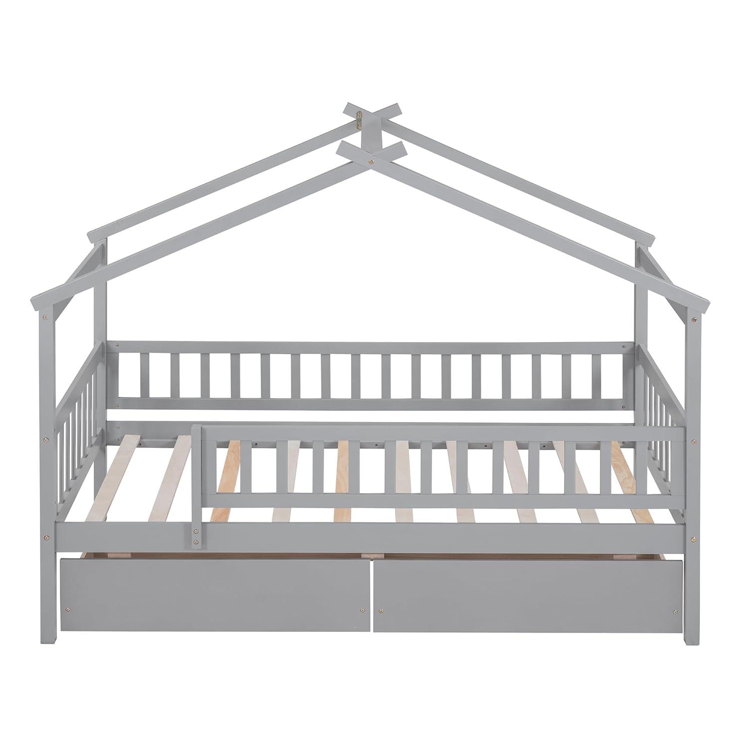 Twin House Bed with 2 Storage Drawers, Kids Twin Bed Frame with Rails and Roof, Tent Bed, Wooden Twin Daybed, Twin Montessori Bed for Kids Teens Girls & Boys, No Box Spring Needed (Gray)