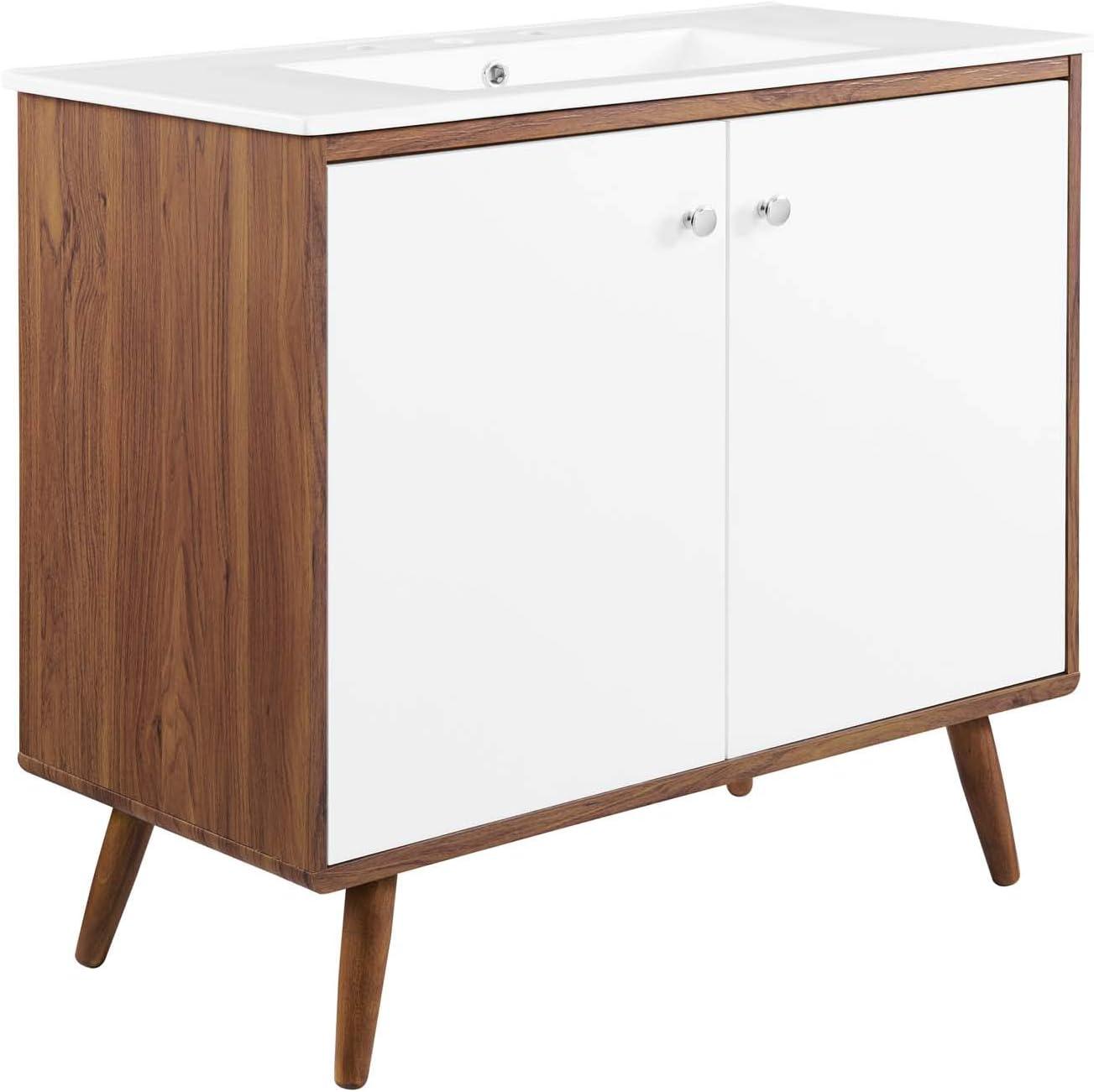 Mid-Century Walnut and White 36" Wall-Mount Bathroom Vanity