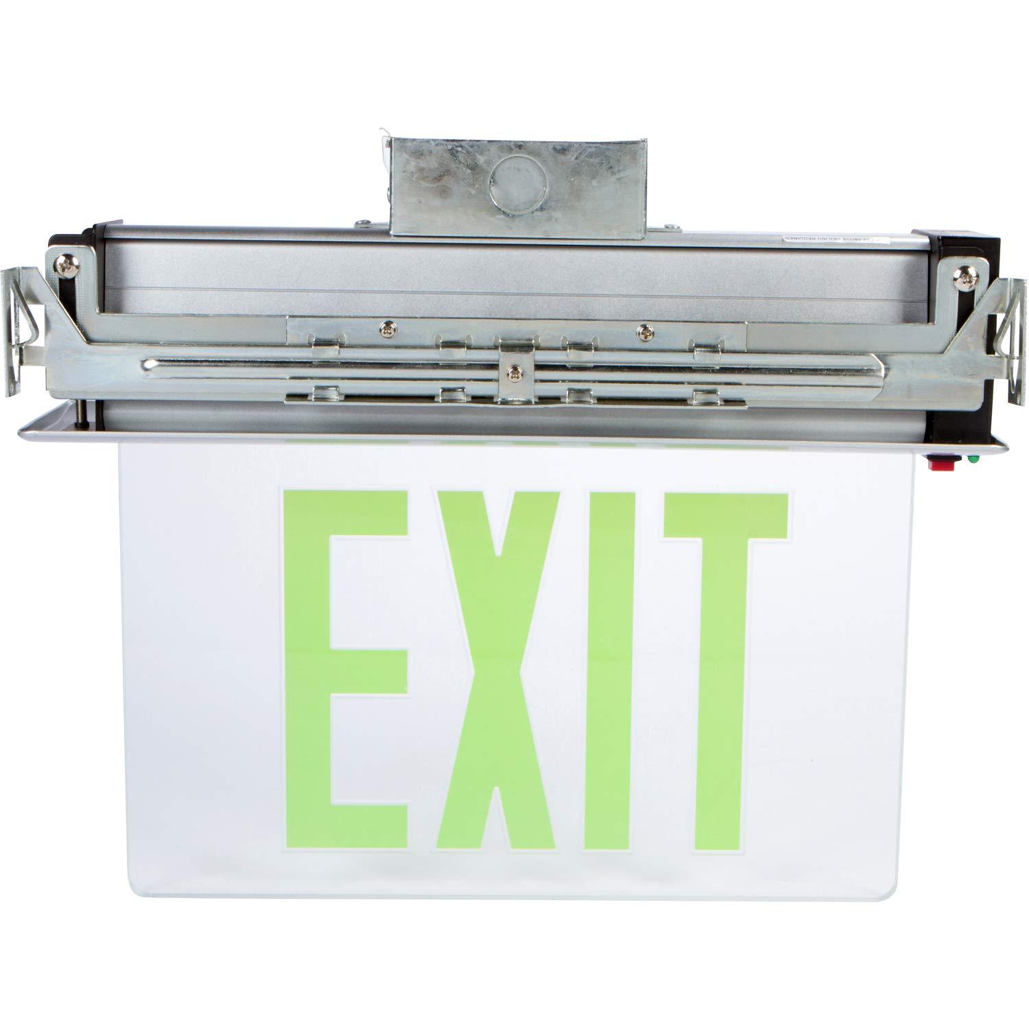 Recessed Mount Edge Lit LED Exit Signs Green on Clear Panel Aluminum Housing