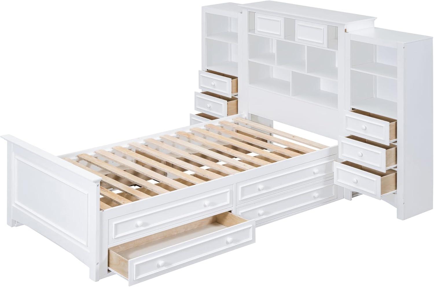 White Twin Wood Platform Bed with Bookcase Headboard and Storage Drawers